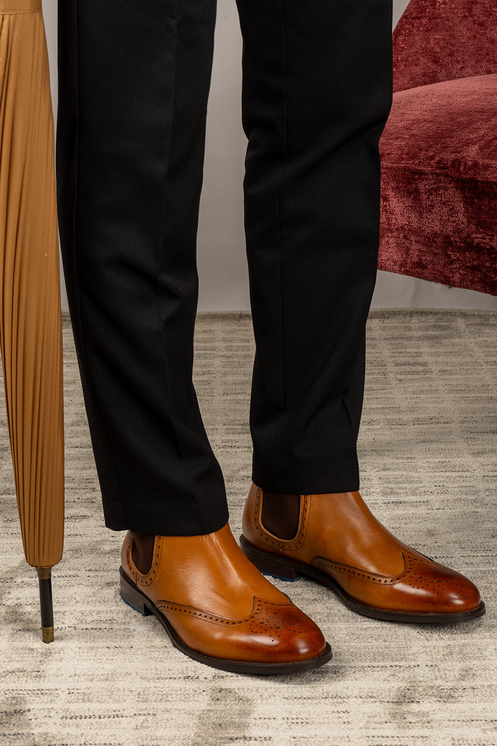 Harry Tan Chelsea brogue boots for men made from premium leather with lambskin lining and handmade sole, combining classic style and modern comfort.