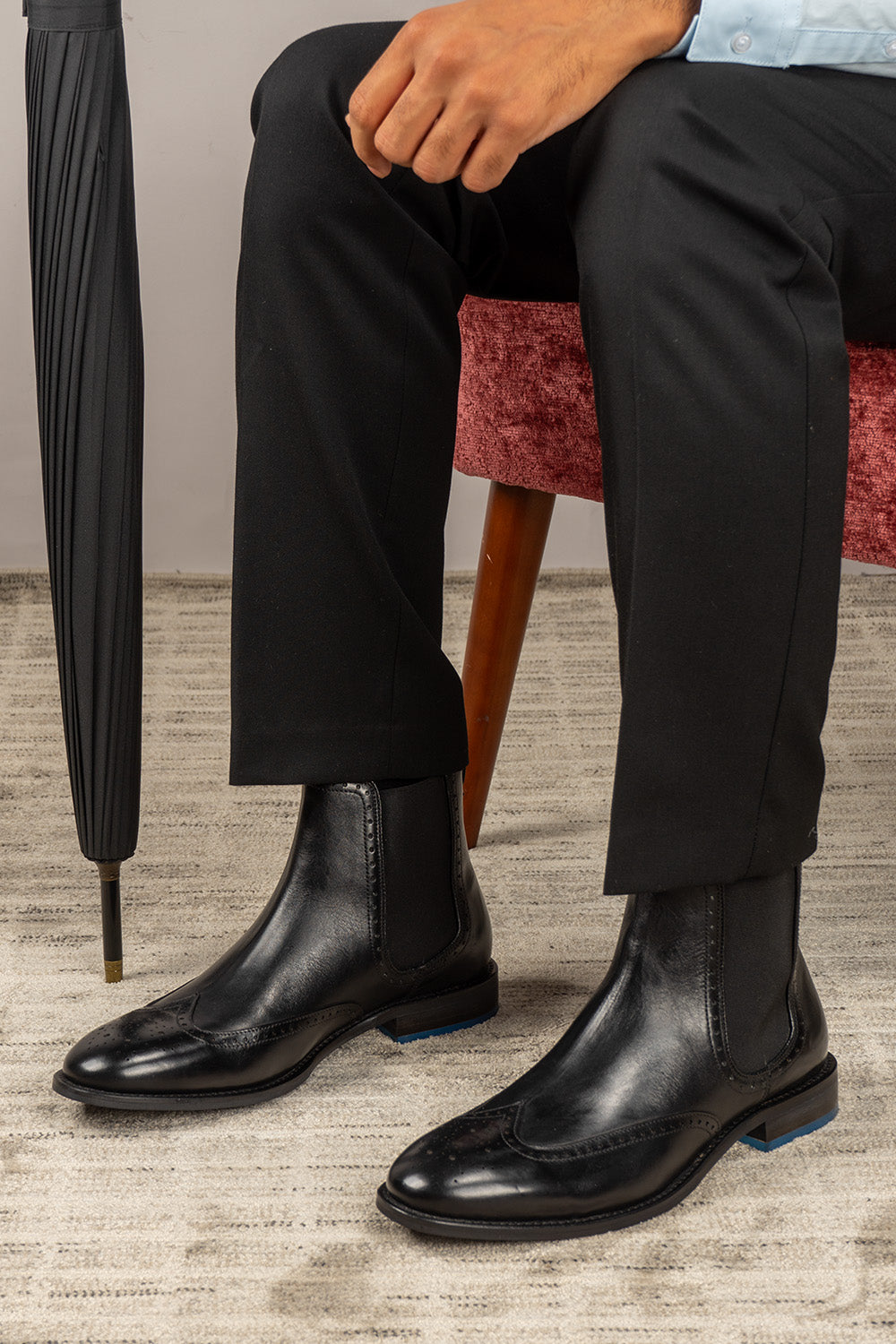 Harry Black Chelsea brogue leather boots for men featuring premium leather, lambskin lining, handmade sole, blending classic luxury with modern comfort.