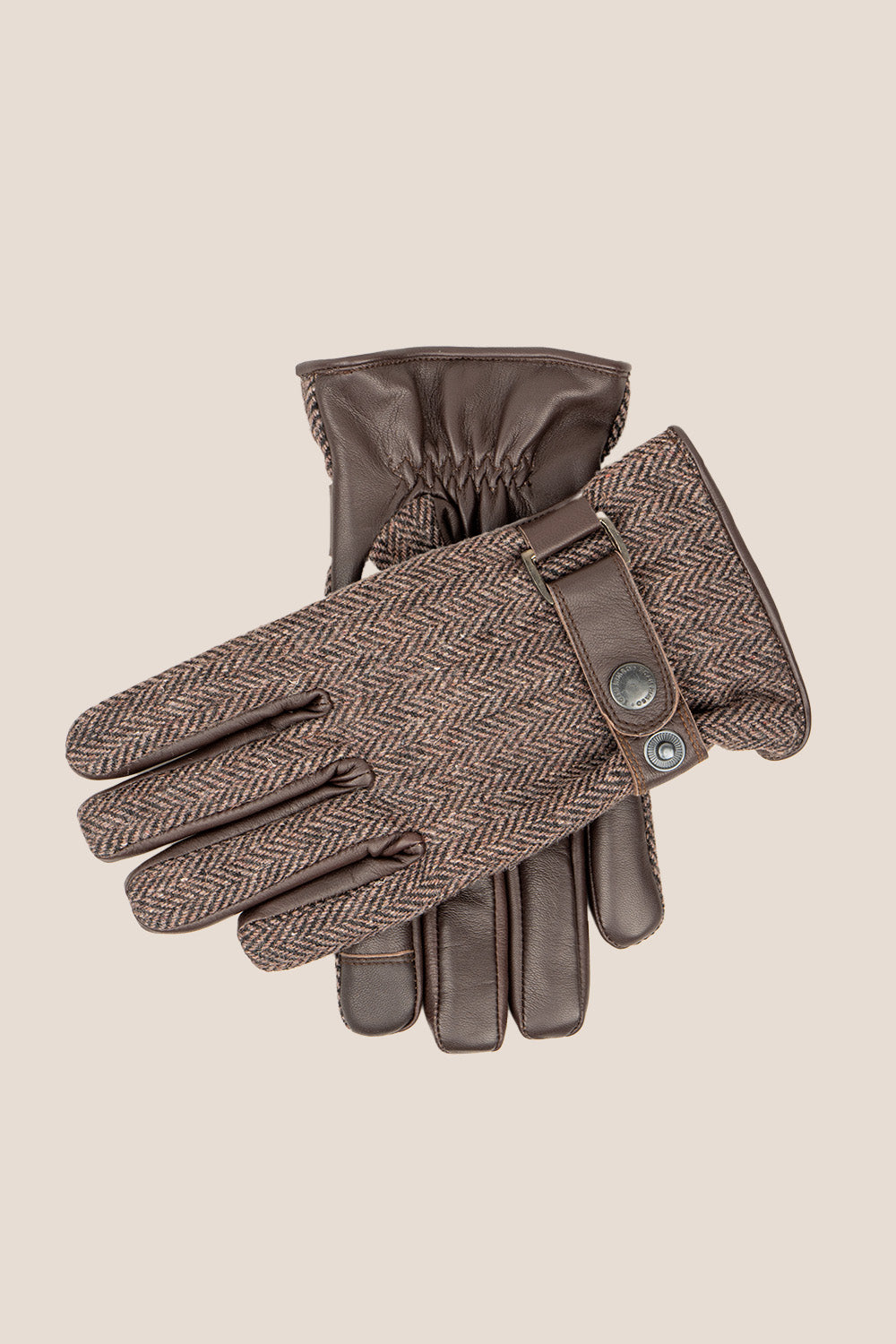 Men’s Edwin brown herringbone tweed gloves with premium leather palm by Oswin Hyde – warm, stylish gloves with fleece lining and classic design.