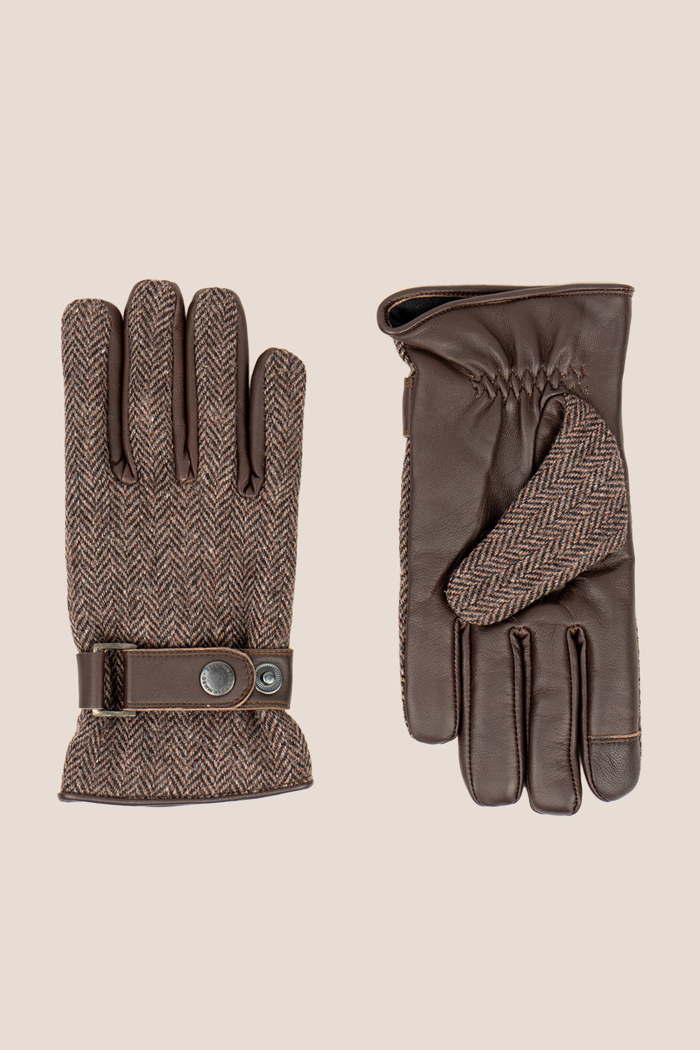 Men’s Edwin brown herringbone tweed gloves with premium leather palm by Oswin Hyde – warm, stylish gloves with fleece lining and classic design.