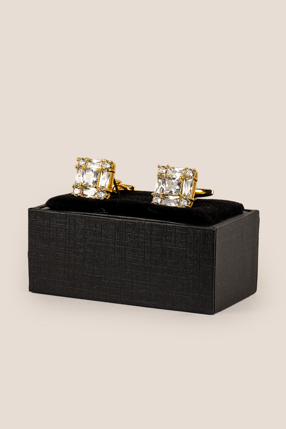 Men’s Zirc Cubic White cufflinks featuring brilliant white stones set in intricate metalwork for precision craftsmanship and formal elegance.