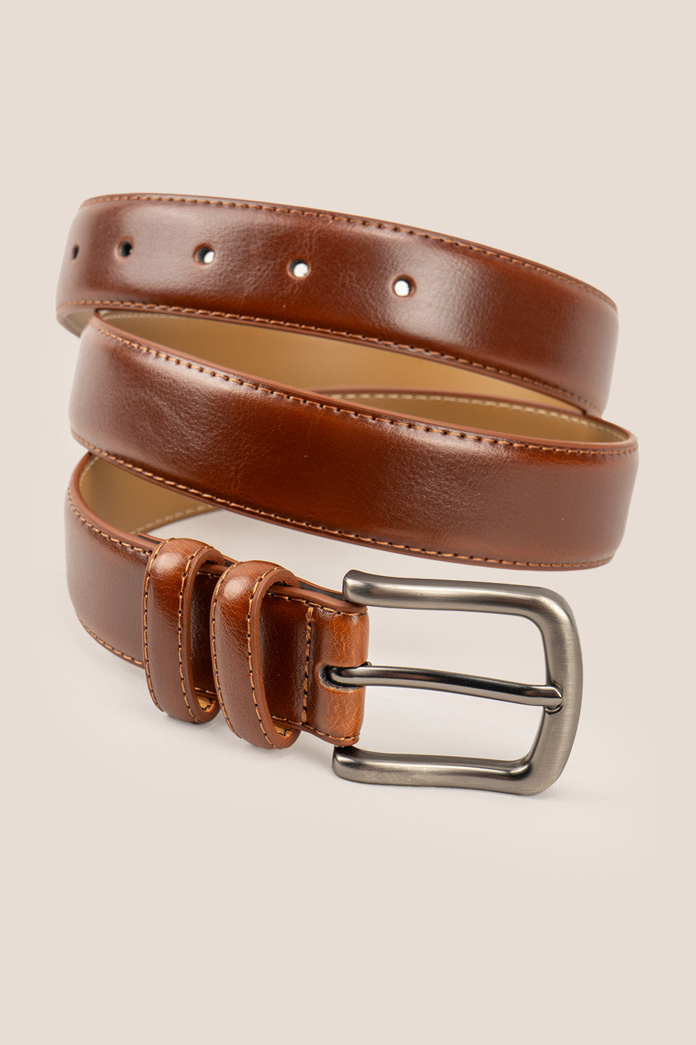 Oswin Hyde Neil Tan men's leather belt in rich tan brown - Full-grain leather with polished brass buckle, designed for formal weddings, business attire and smart casual ensembles