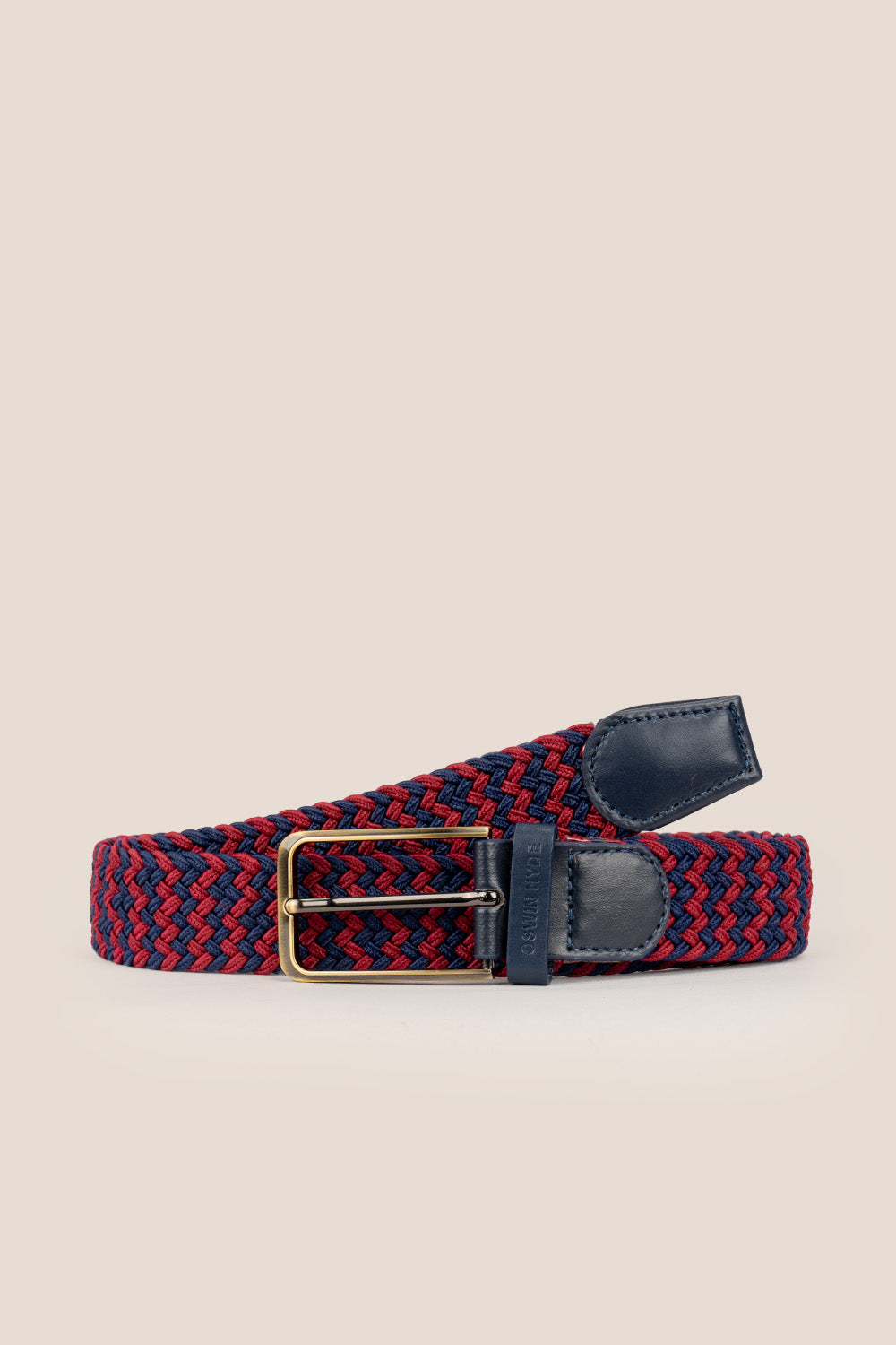 Oswin Hyde Clyde belt - Red and blue elastic webbing with leather trim, for weddings and smart-casual