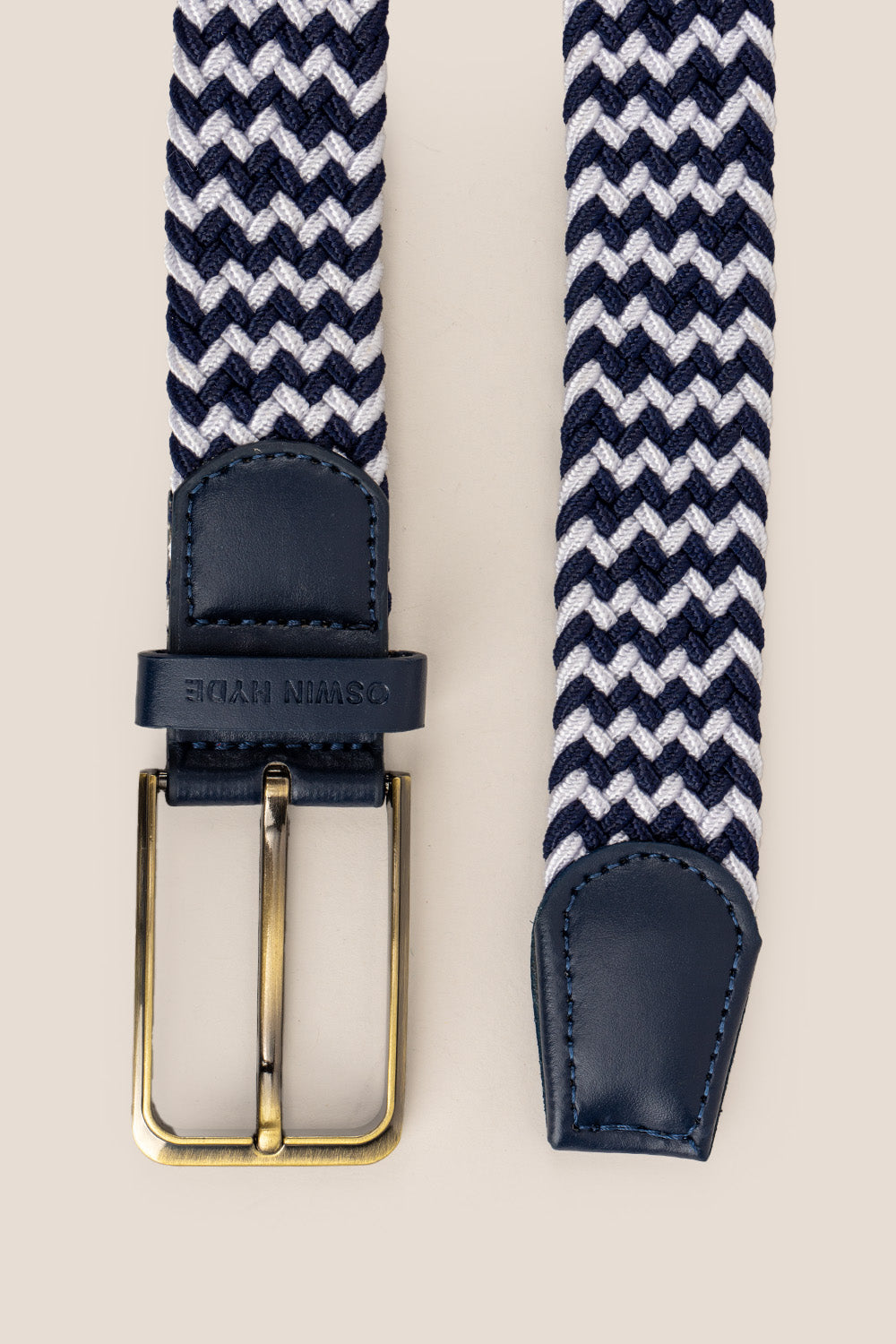 Oswin Hyde Clyde belt - White & blue elastic with leather trim, for weddings and smart-casual wear
