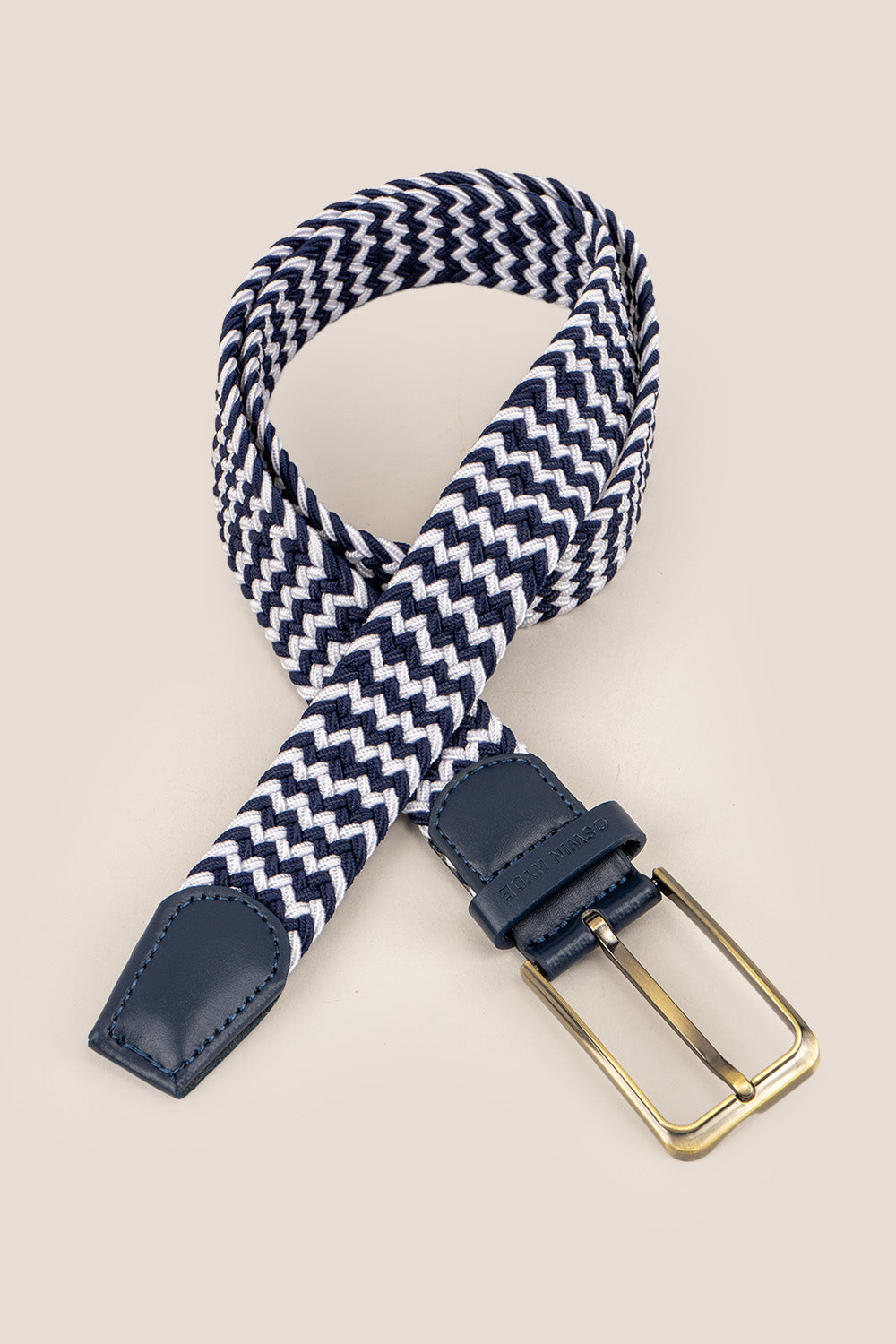 Oswin Hyde Clyde belt - White & blue elastic with leather trim, for weddings and smart-casual wear