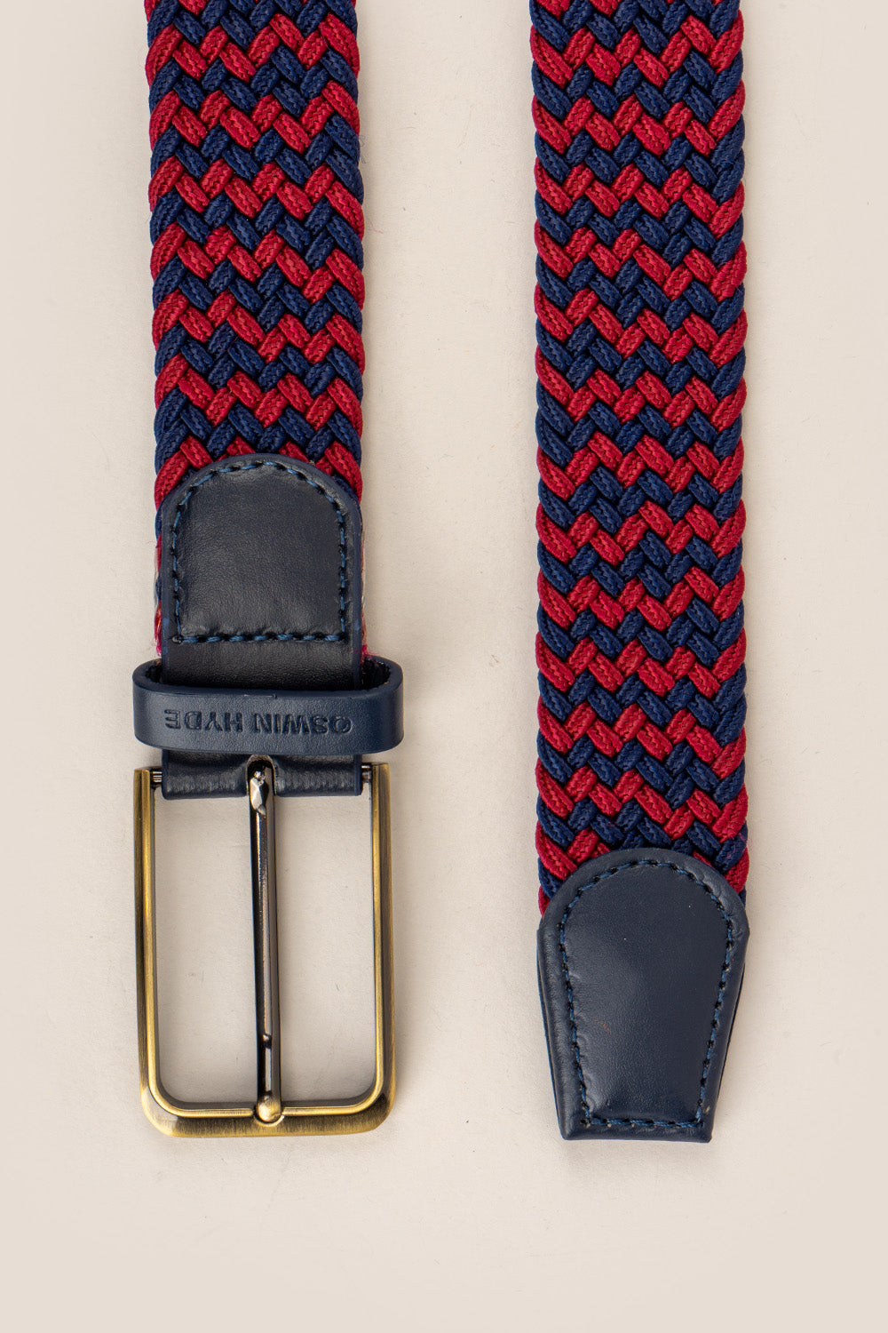 Oswin Hyde Clyde belt - Red and blue elastic webbing with leather trim, for weddings and smart-casual