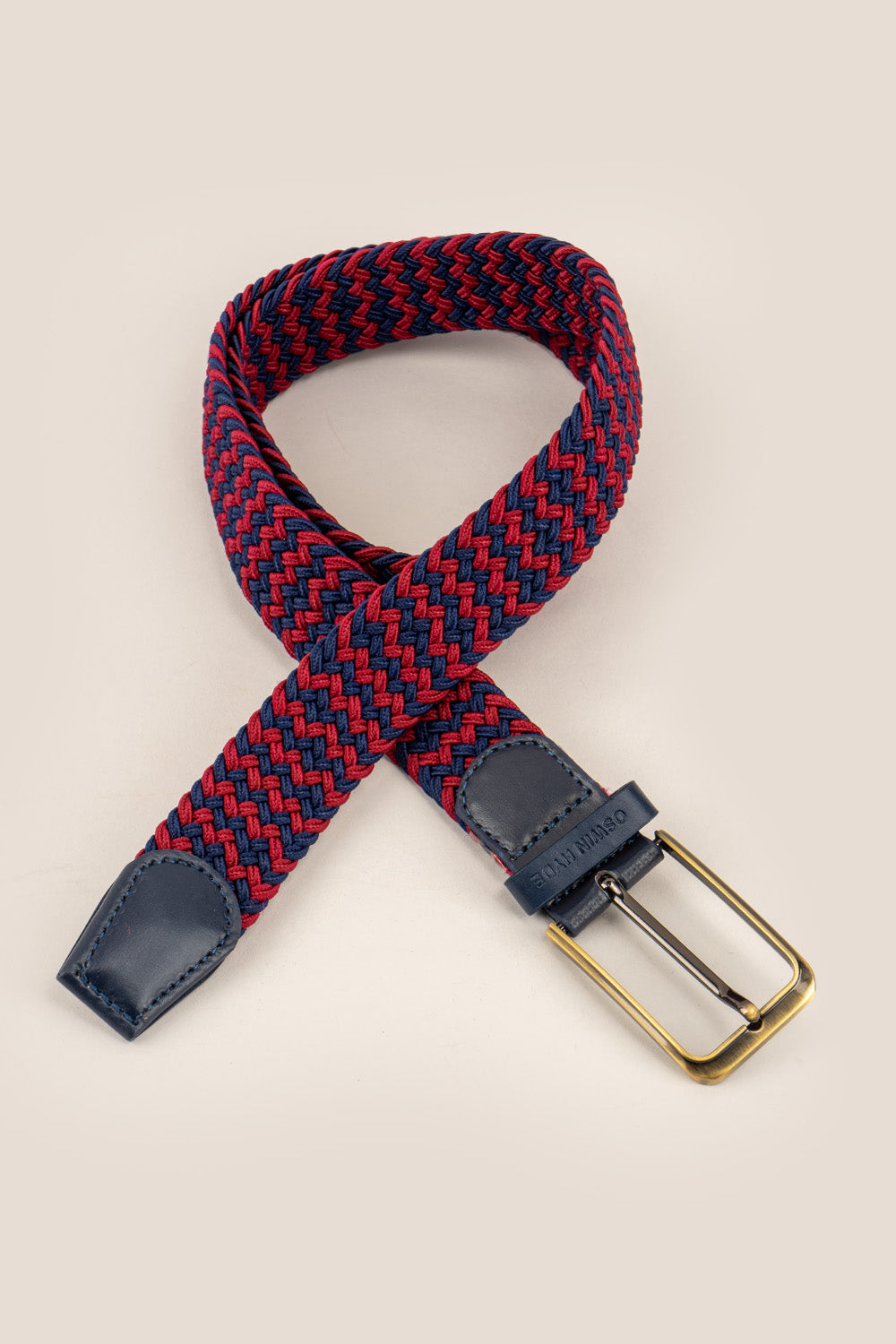 Oswin Hyde Clyde belt - Red and blue elastic webbing with leather trim, for weddings and smart-casual