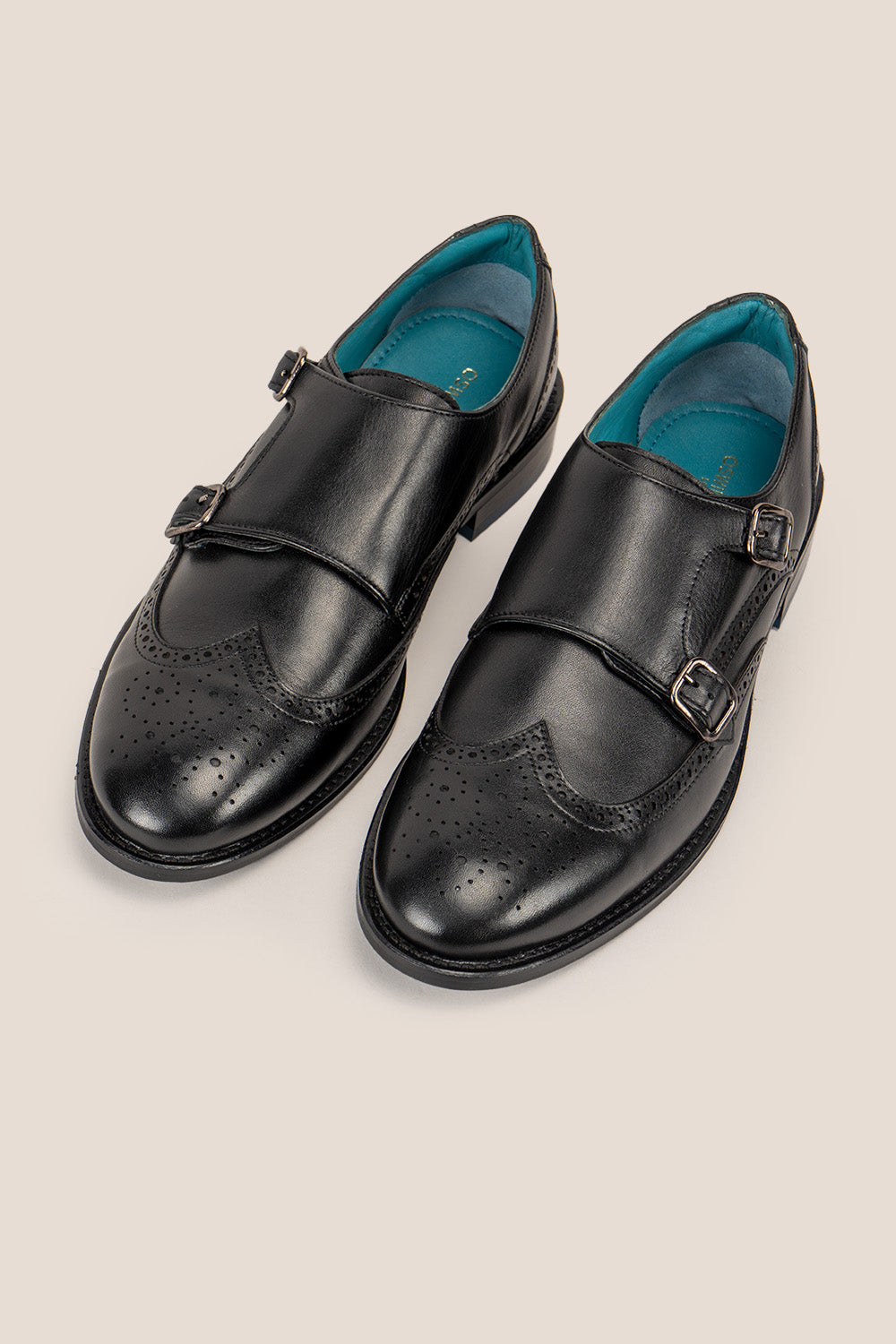 Warren Black leather monk strap brogue shoes for men with wing cap detailing, perfect for formal and smart-casual occasions.