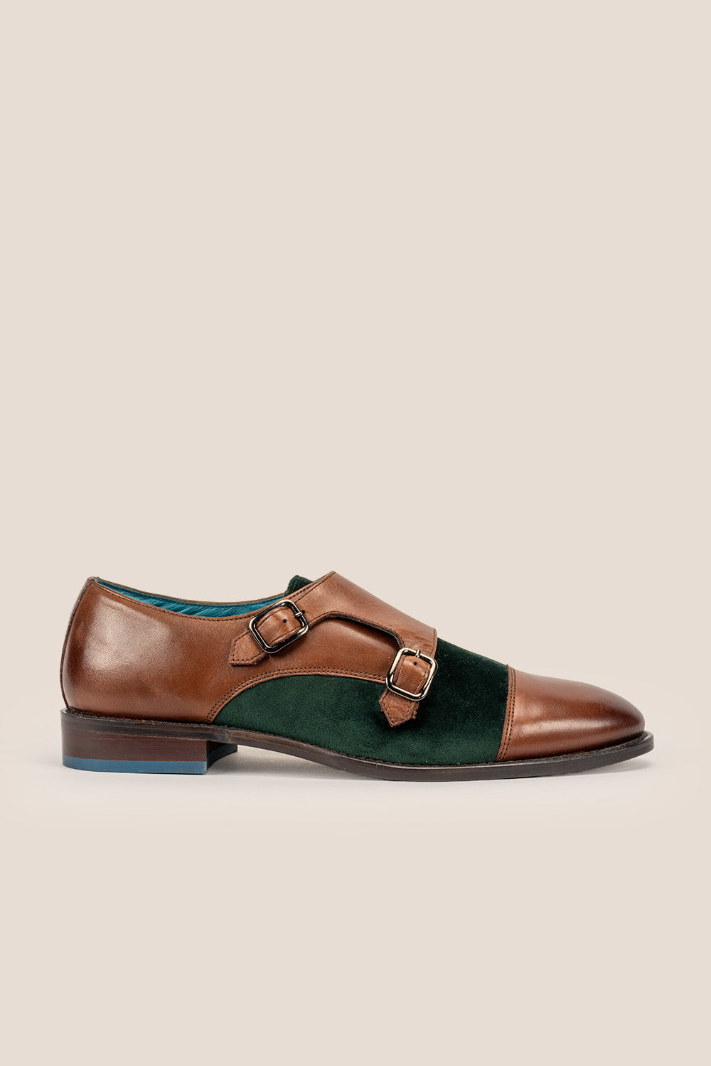 Oscar brown-green monk strap leather shoes for men, featuring a bold two-tone design, premium finish, and double strap elegance for modern formal wear.