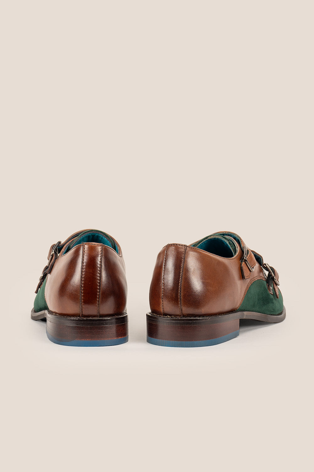 Oscar brown-green monk strap leather shoes for men, featuring a bold two-tone design, premium finish, and double strap elegance for modern formal wear.