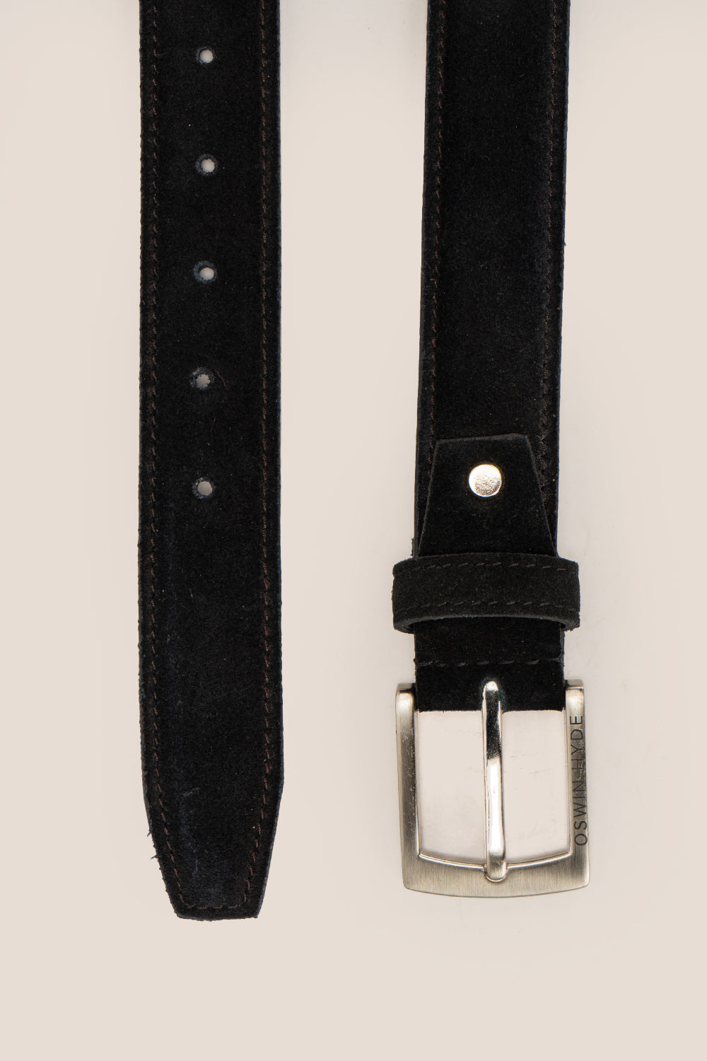 Men’s Exton black suede belt with a smooth finish and polished buckle, crafted for elegant, modern dressing.