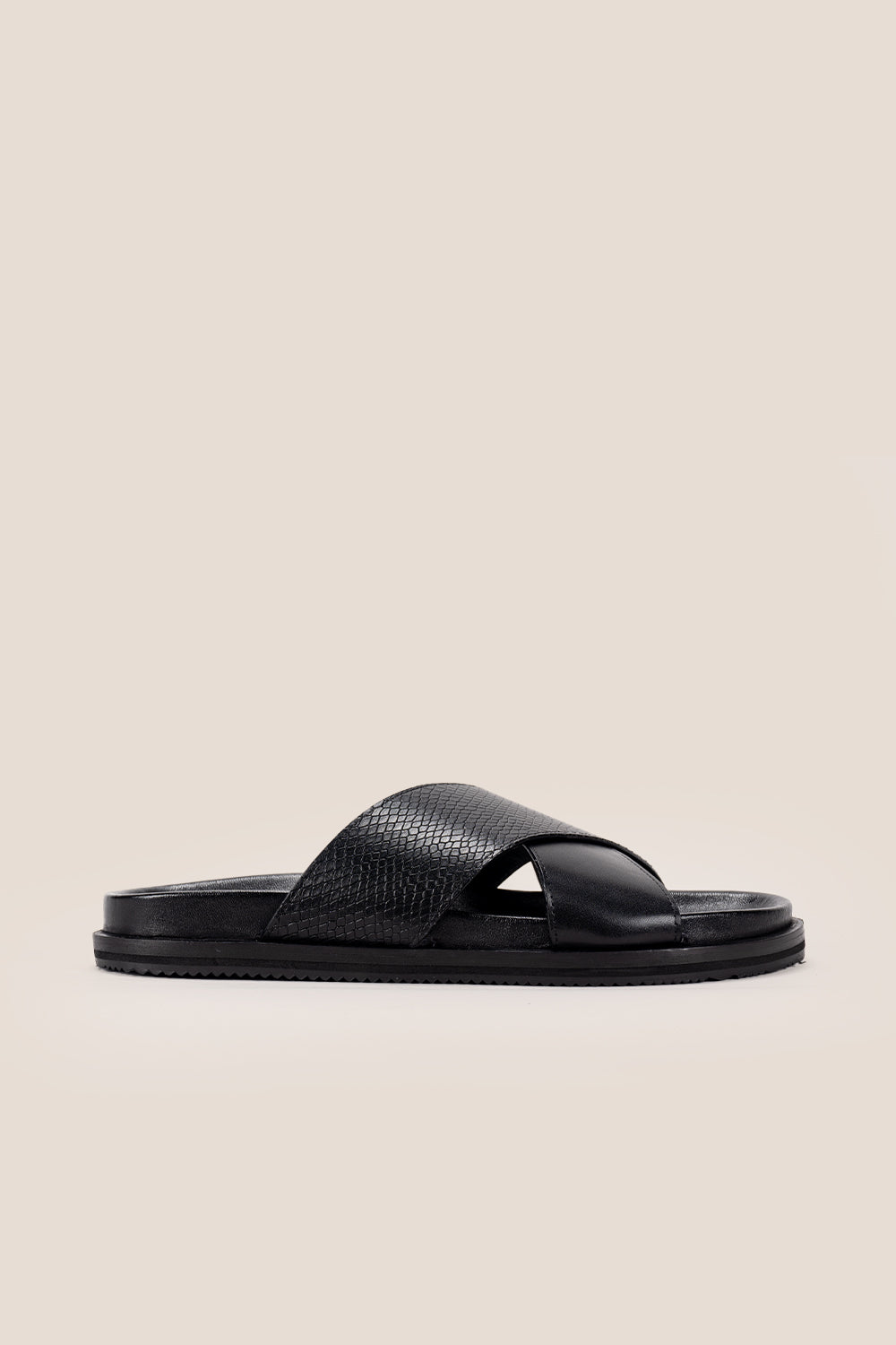 Nyle Black cross strap sandals for men by Oswin Hyde with sleek design and comfortable fit