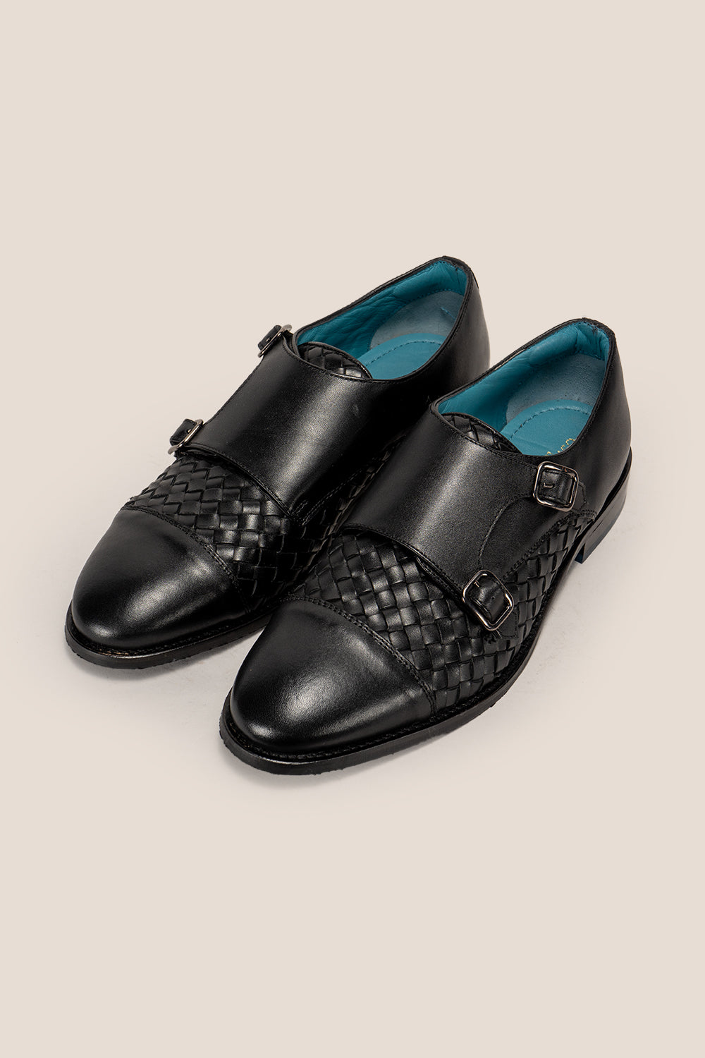 Hudson Black men’s leather monk shoes with woven toecap detail, crafted from premium leather for formal and smart wear.