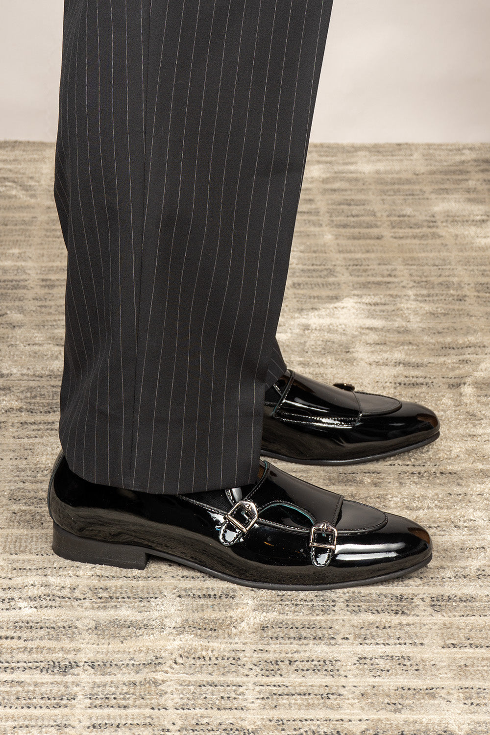 Clifford Black patent monk leather loafers for men featuring glossy patent leather and classic monk strap design for elegant formal occasions.