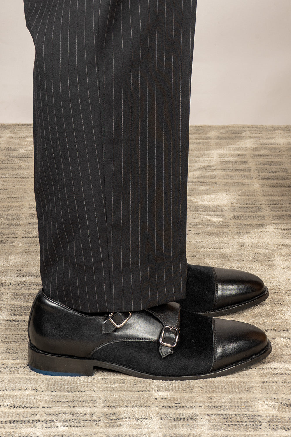 Oscar Black velvet monk strap men's leather shoes featuring premium craftsmanship and elegant design, ideal for formal occasions.