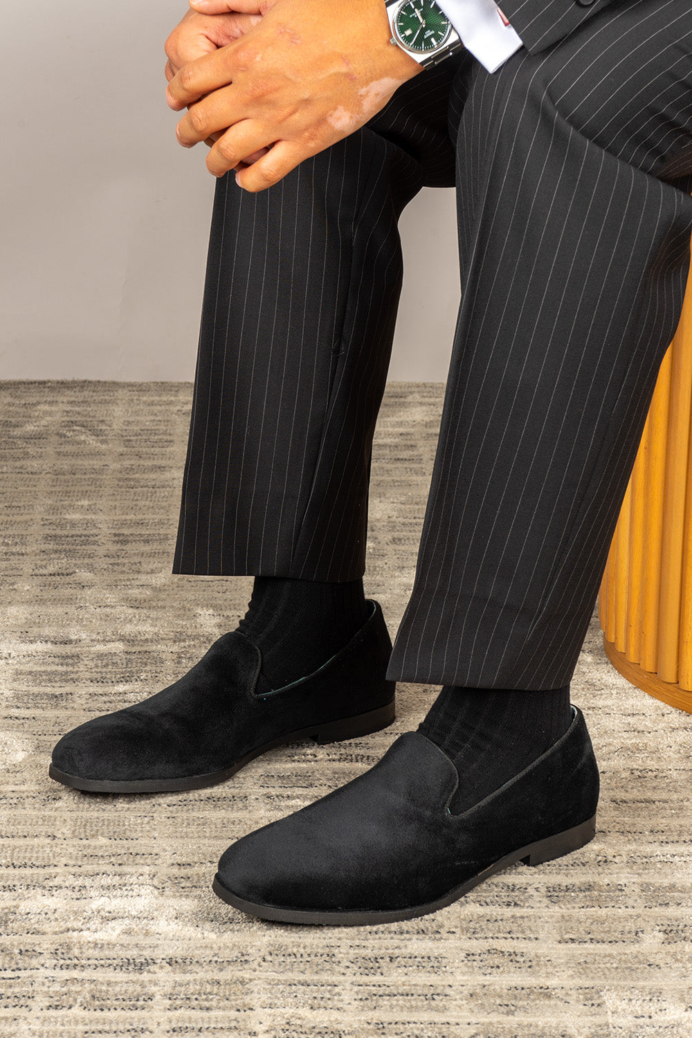 Lennox black velvet loafers for men, designed for formal wear with smooth velvet finish and elegant silhouette.