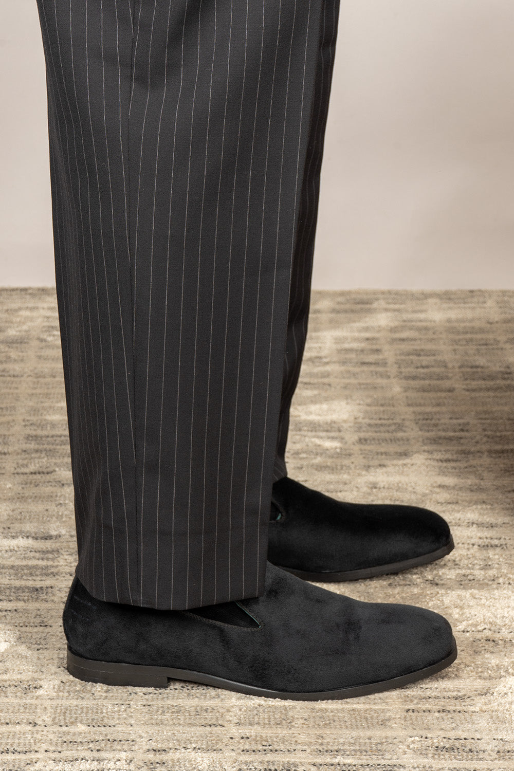 Lennox black velvet loafers for men, designed for formal wear with smooth velvet finish and elegant silhouette.