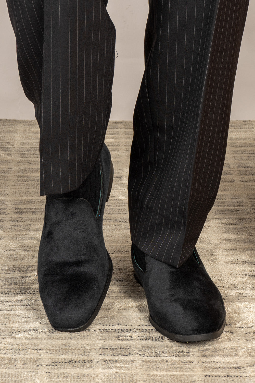 Lennox black velvet loafers for men, designed for formal wear with smooth velvet finish and elegant silhouette.