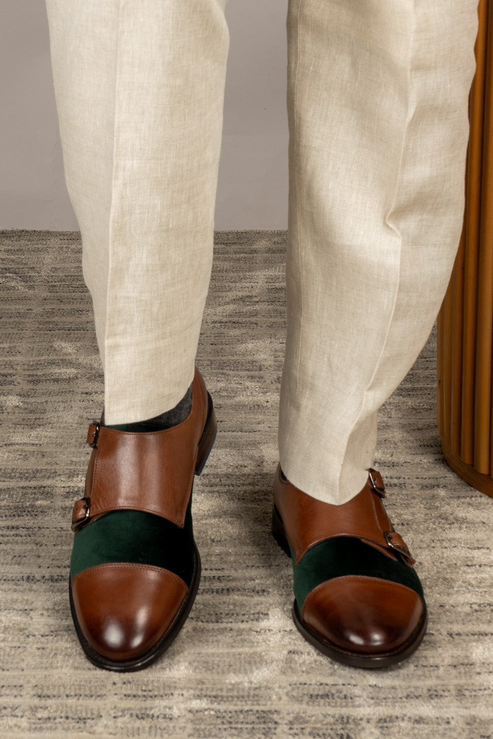 Oscar brown-green monk strap leather shoes for men, featuring a bold two-tone design, premium finish, and double strap elegance for modern formal wear.
