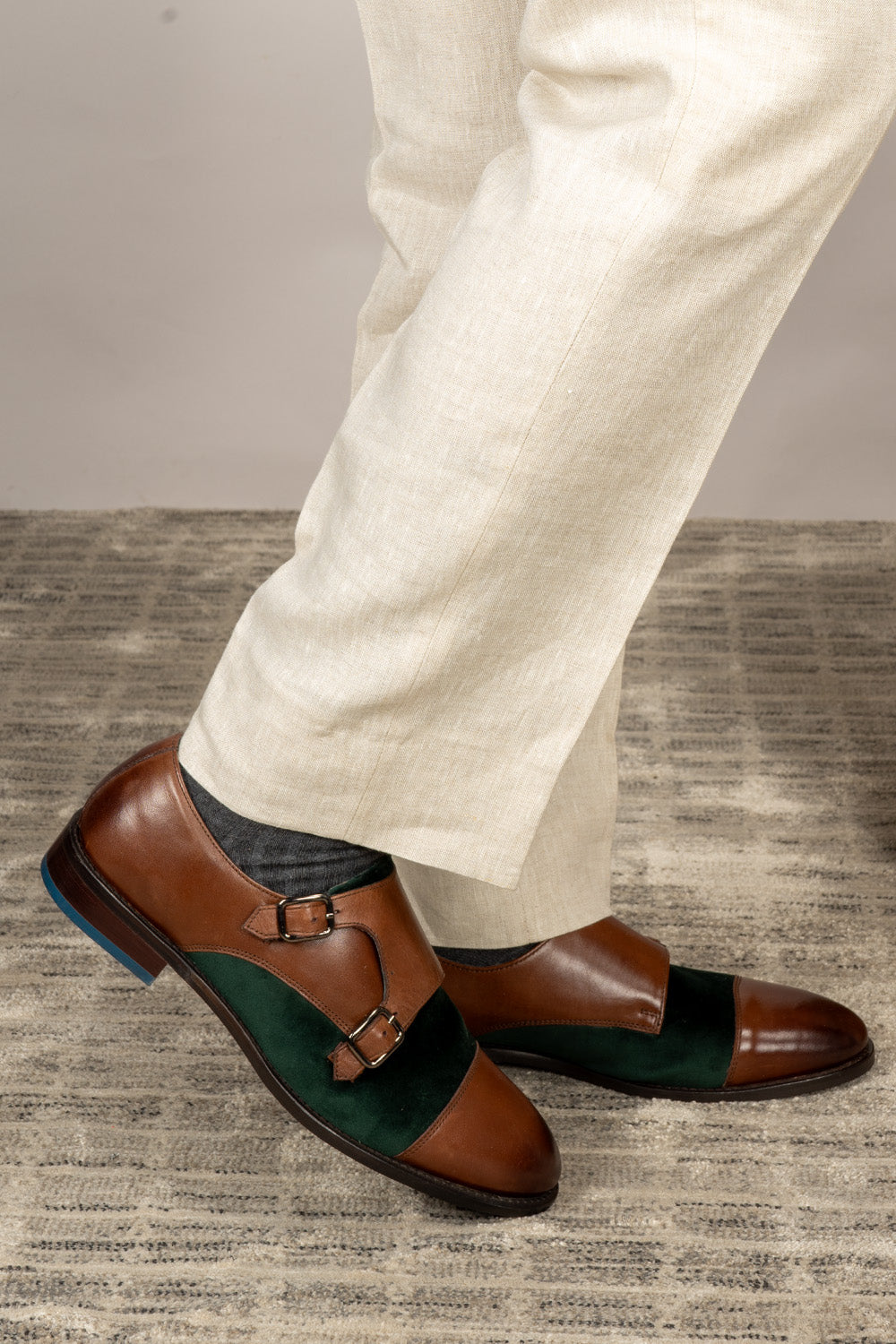 Oscar brown-green monk strap leather shoes for men, featuring a bold two-tone design, premium finish, and double strap elegance for modern formal wear.