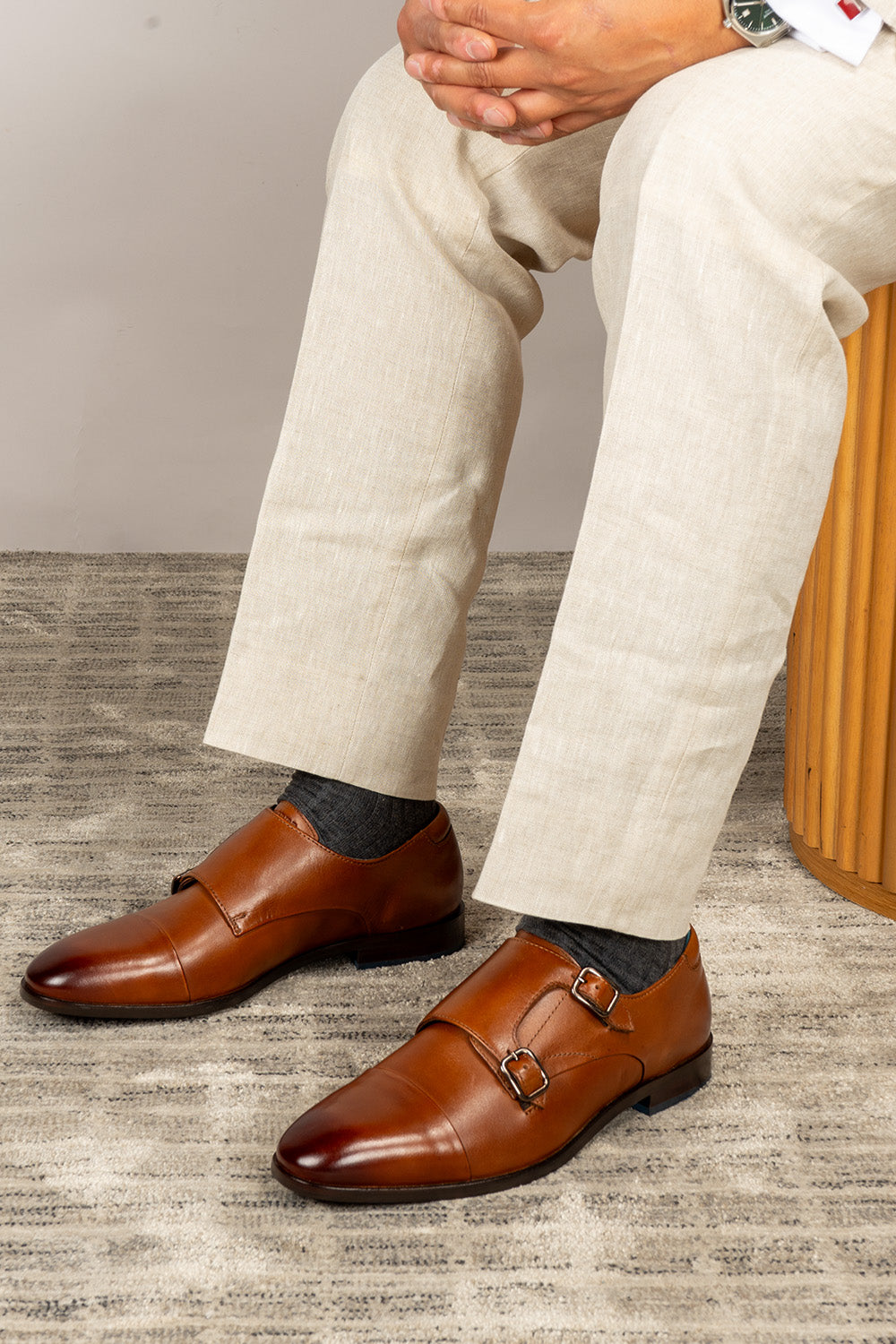 Hadley tan monk strap leather men’s shoes with single buckle design, crafted in high-quality leather and finished with a sleek leather sole.