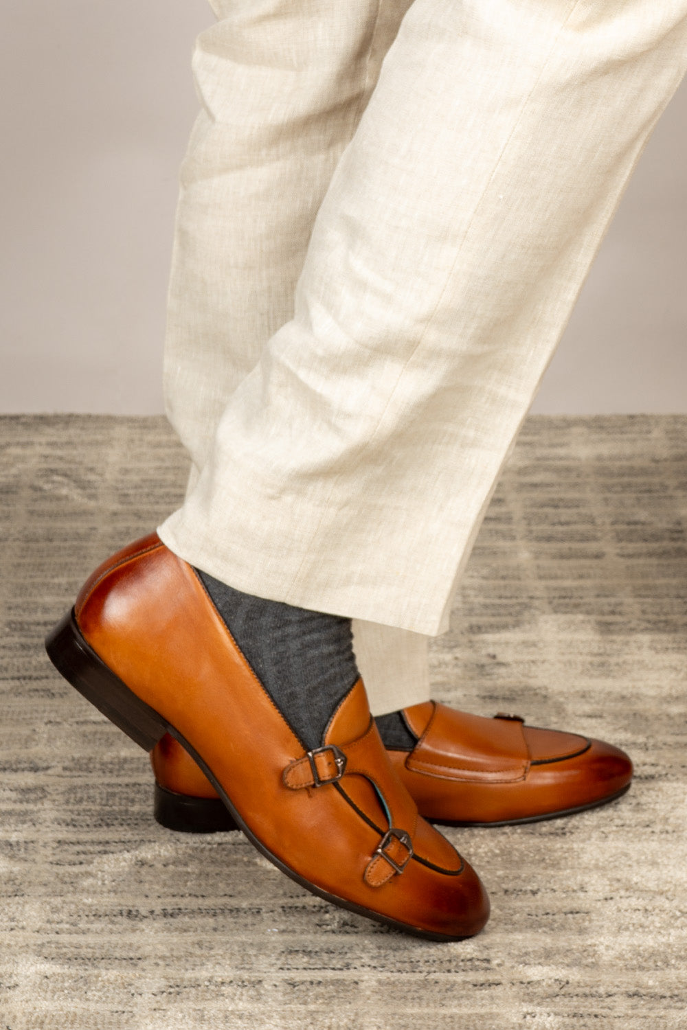Clifford Tan monk leather loafers for men crafted with premium tan leather and classic monk strap design, ideal for formal and smart casual wear.