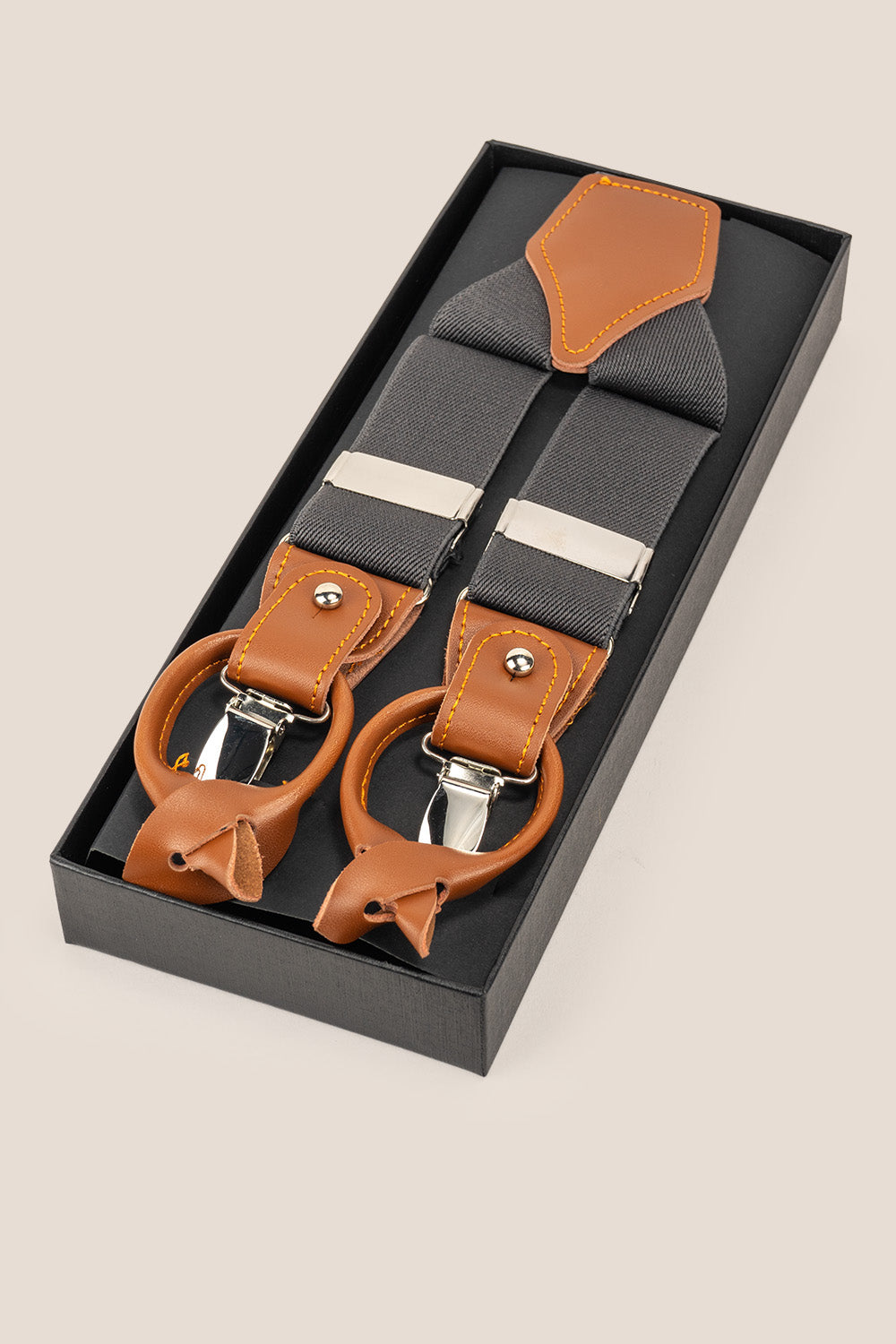 Men’s grey combination braces suspenders with leather accents, adjustable straps and secure metal clips, perfect for weddings, business or casual wear.