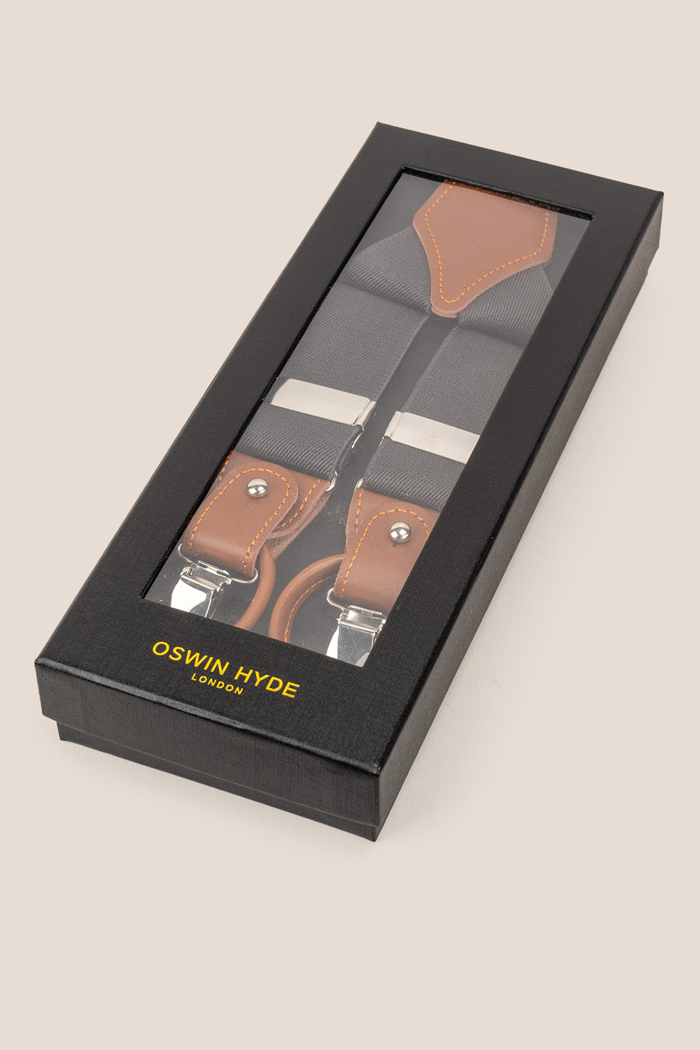 Men’s grey combination braces suspenders with leather accents, adjustable straps and secure metal clips, perfect for weddings, business or casual wear.