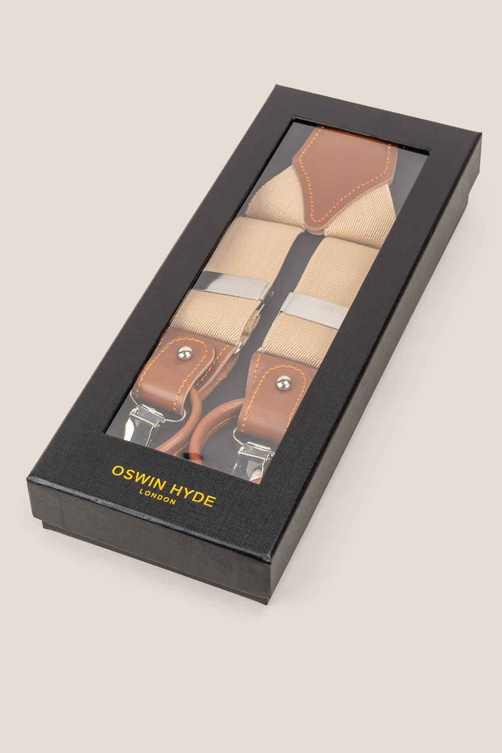 Men’s sand combination braces suspenders with leather accents and adjustable clips, offering a modern yet timeless look for formal and smart-casual wear.