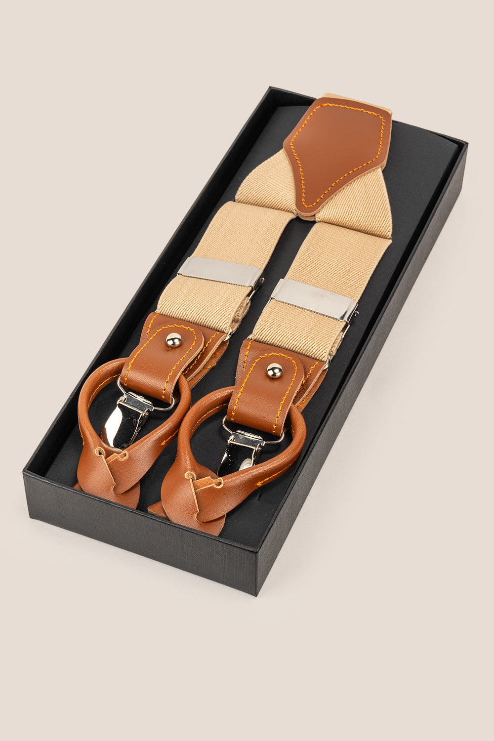Men’s sand combination braces suspenders with leather accents and adjustable clips, offering a modern yet timeless look for formal and smart-casual wear.