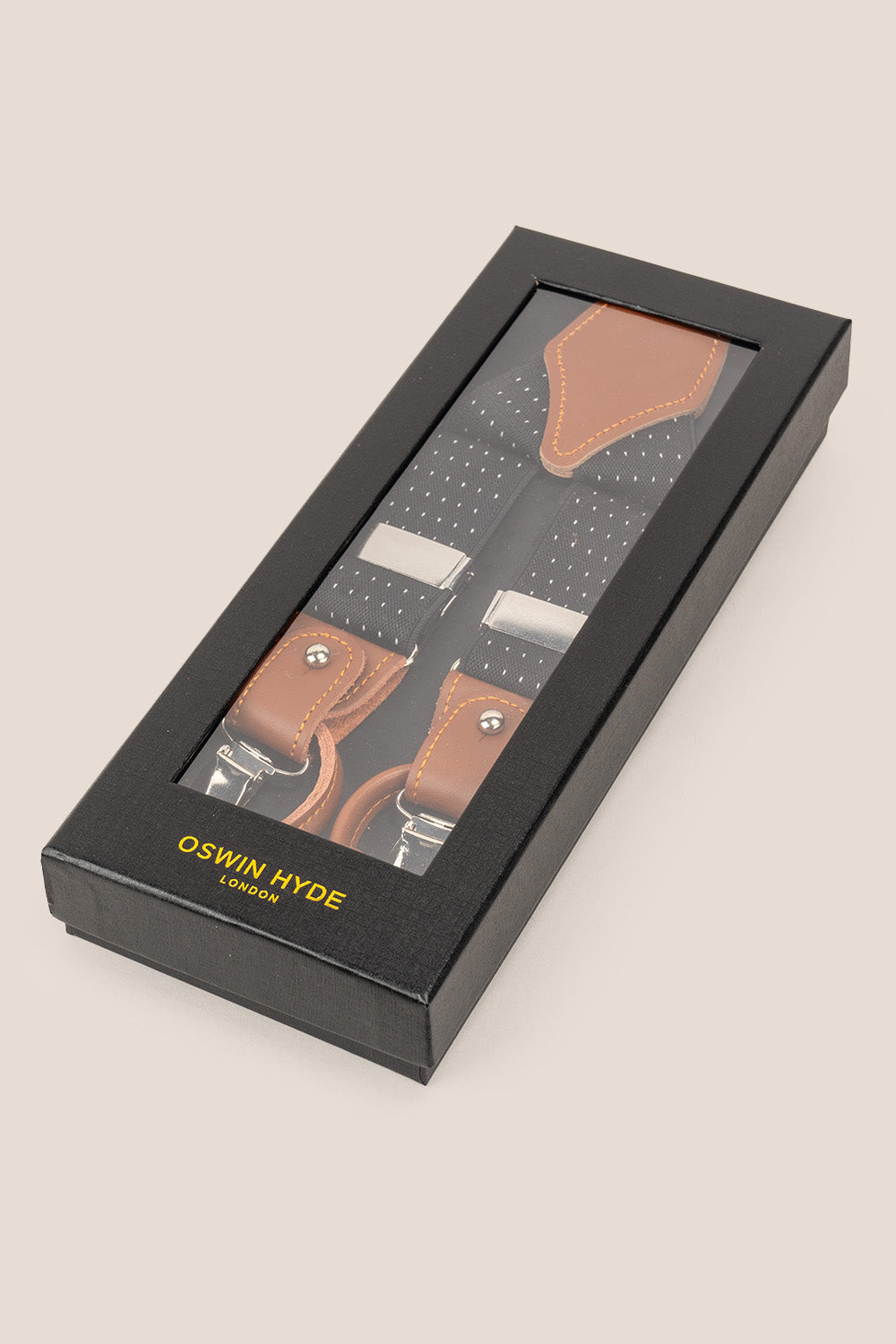 Men’s black polka dot combination suspenders with leather accents and adjustable clips, perfect for weddings, business, and elegant casual wear.