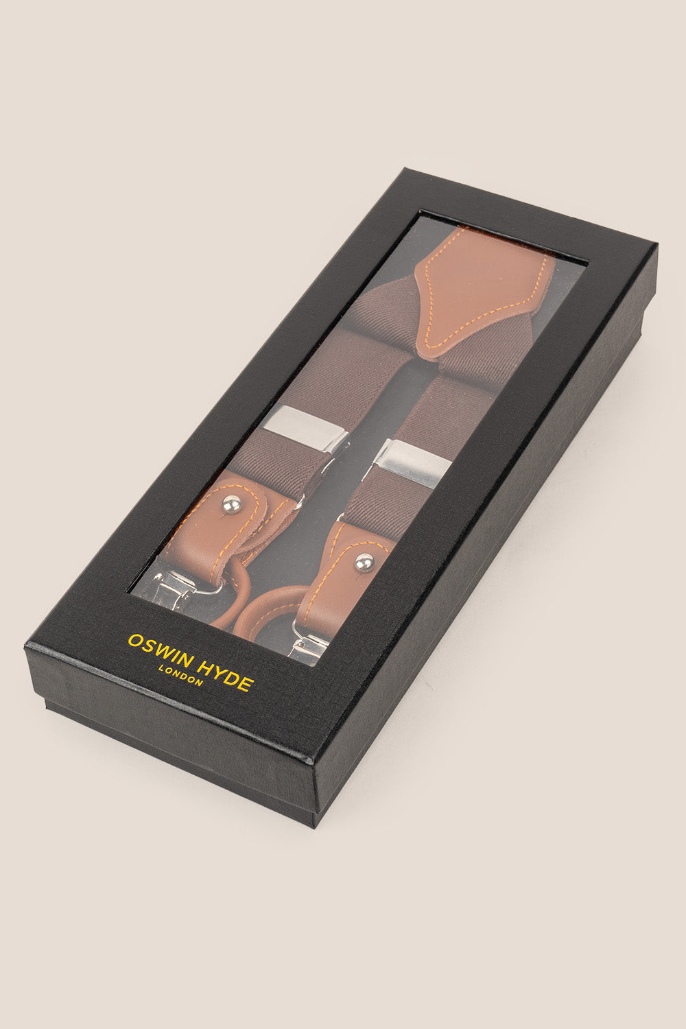 Men’s brown combination braces suspenders with leather accents and adjustable metal clips, ideal for weddings, business attire, or refined casual looks.