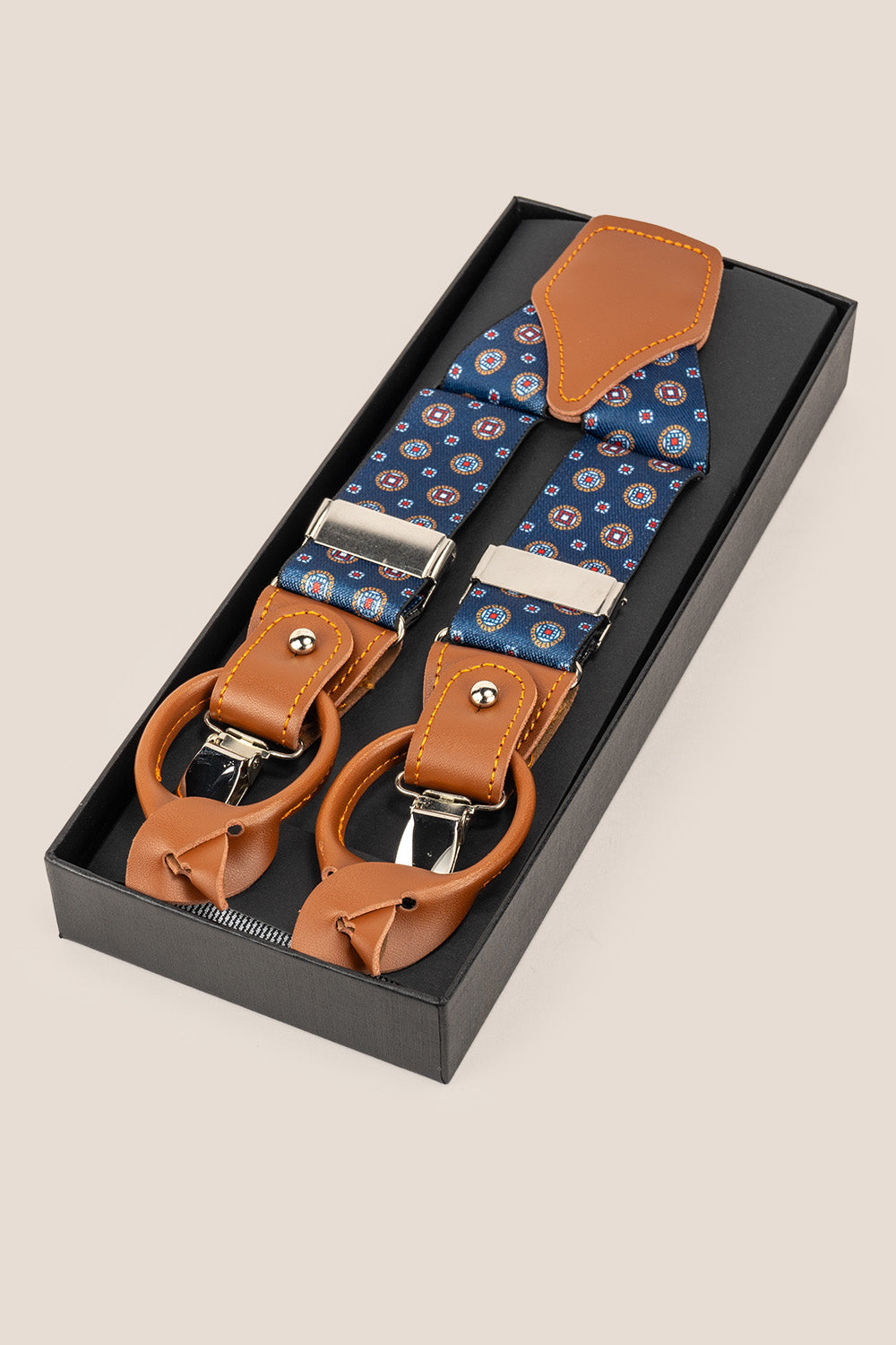 Men’s navy geometric combination braces suspenders with leather accents and adjustable metal clips, ideal for weddings, business, or smart-casual wear.