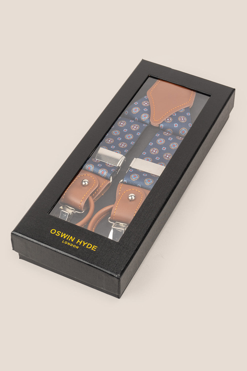 Men’s navy geometric combination braces suspenders with leather accents and adjustable metal clips, ideal for weddings, business, or smart-casual wear.