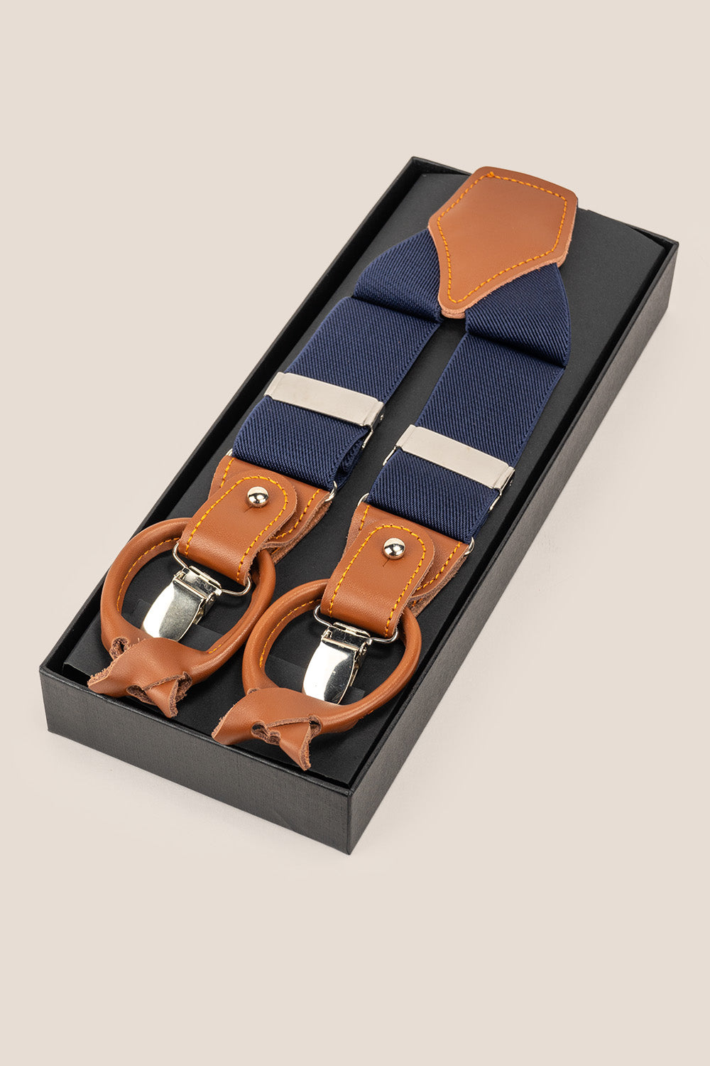 Men’s navy combination braces suspenders with leather details and adjustable metal clips, ideal for wedding, business or smart-casual dressing.