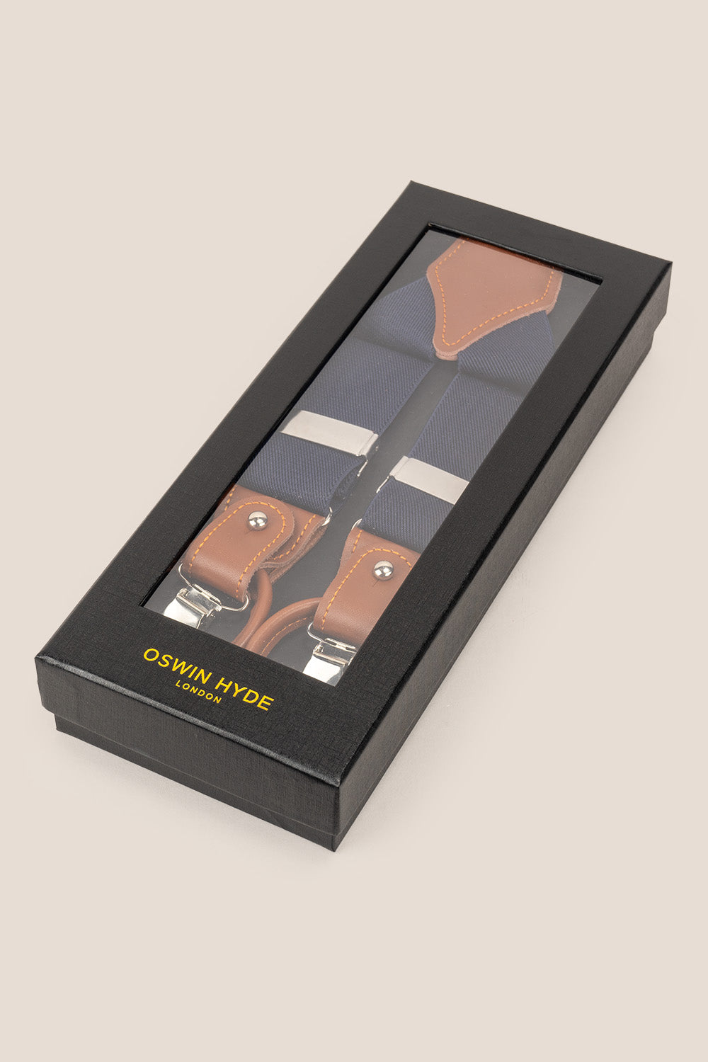 Men’s navy combination braces suspenders with leather details and adjustable metal clips, ideal for wedding, business or smart-casual dressing.