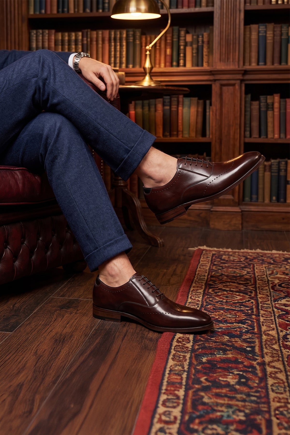 Model wearing Dean Brown men’s Oxford leather shoes in rich brown, crafted with premium leather for formal and smart casual occasions.