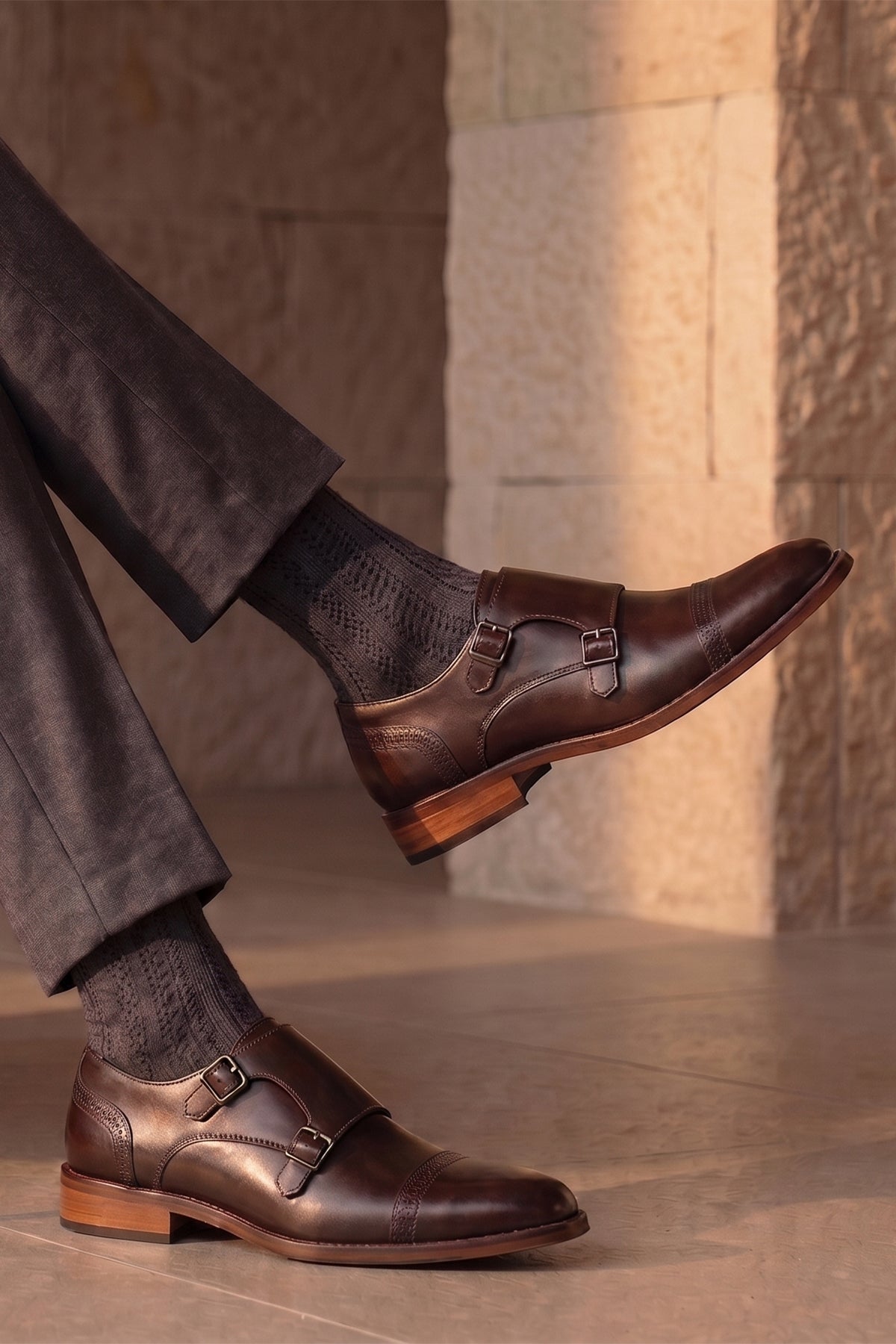 Ernest Brown monk toe cap leather shoes for men, featuring premium brown leather and classic monk strap design ideal for formal and smart occasions.