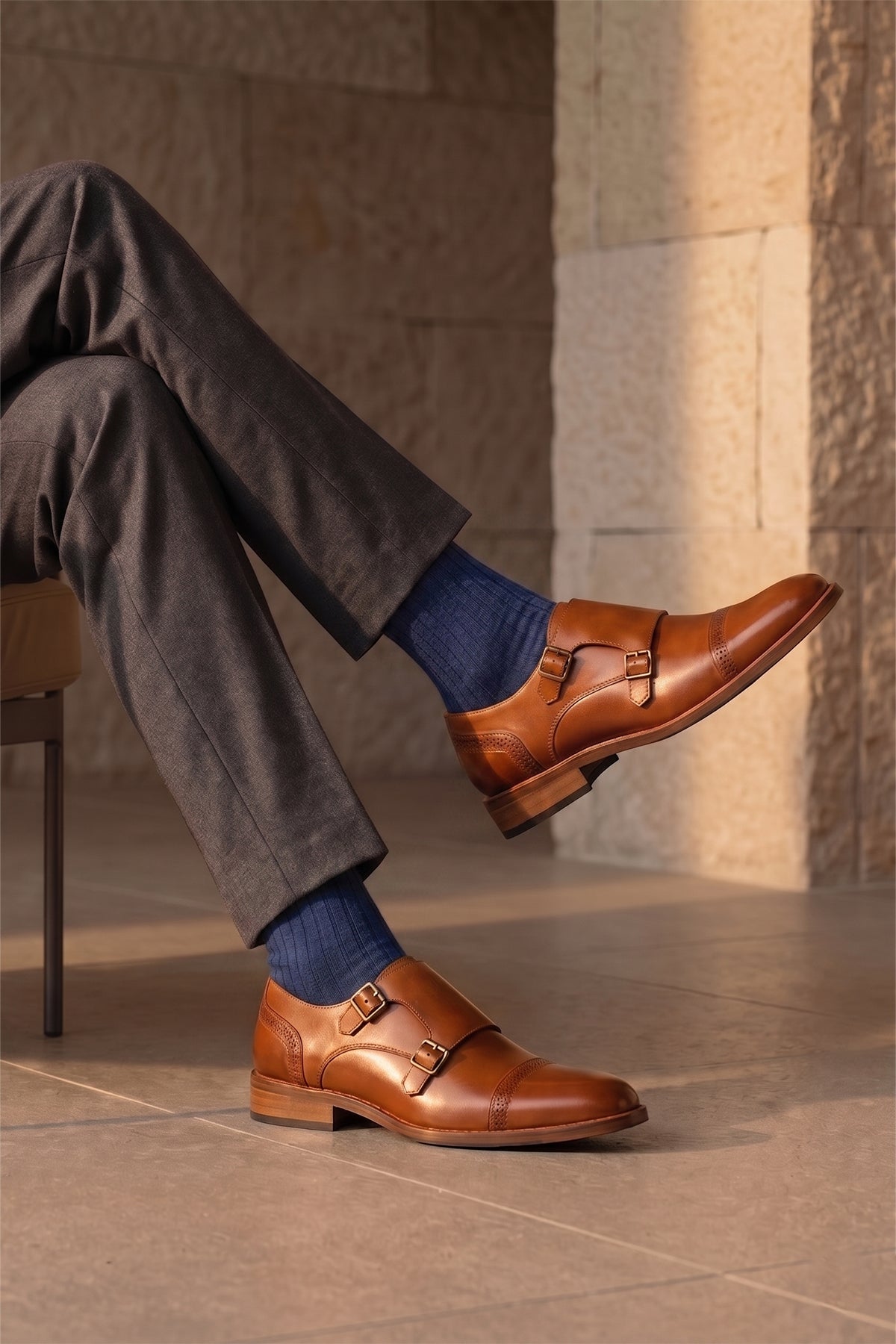 Ernest Tan monk leather men’s shoes with detailed toe cap, crafted from premium tan leather for formal and smart casual wear.