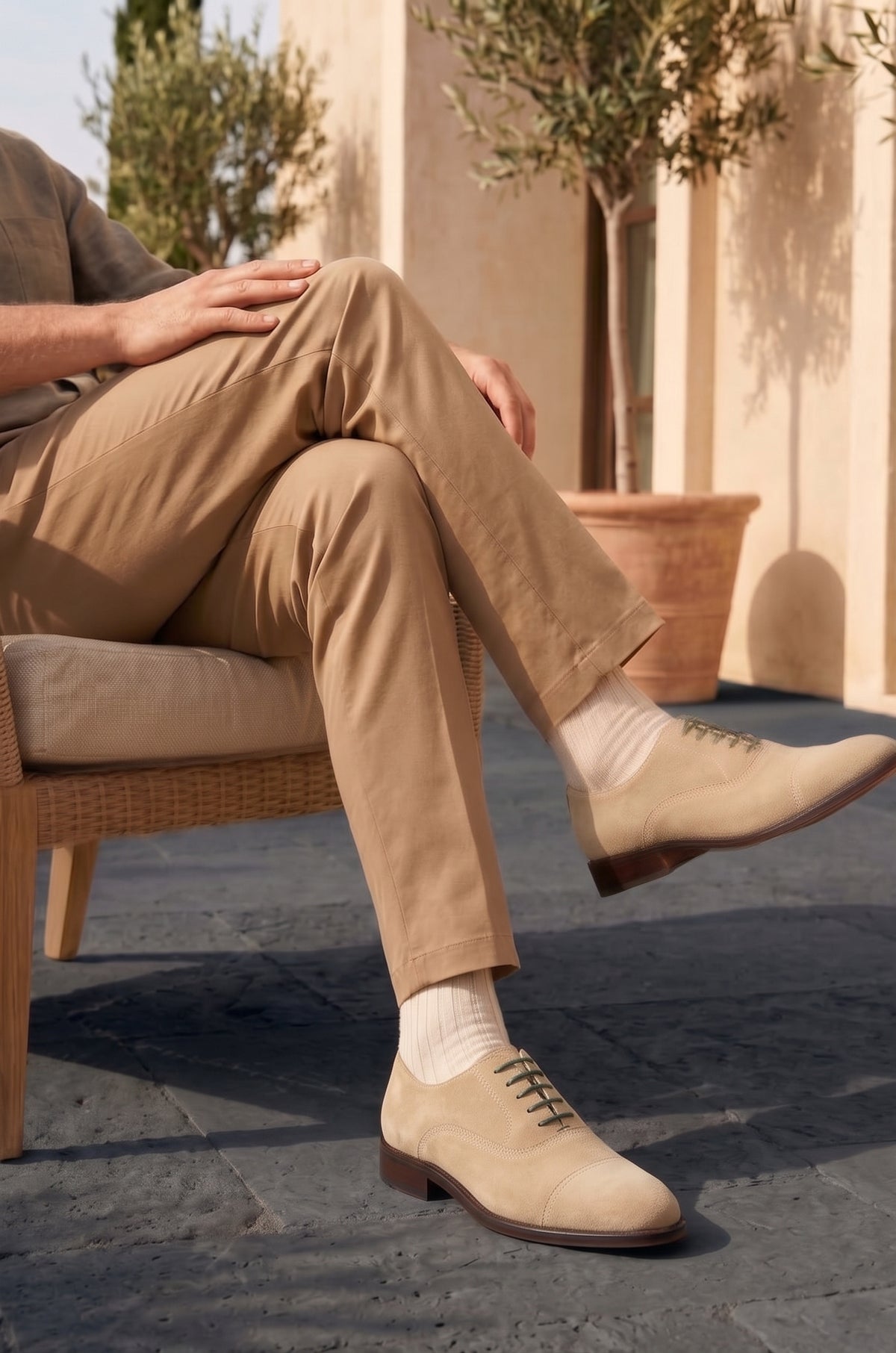 Model wearing Elise Sand Suede Oxford Shoe | Oswin Hyde
