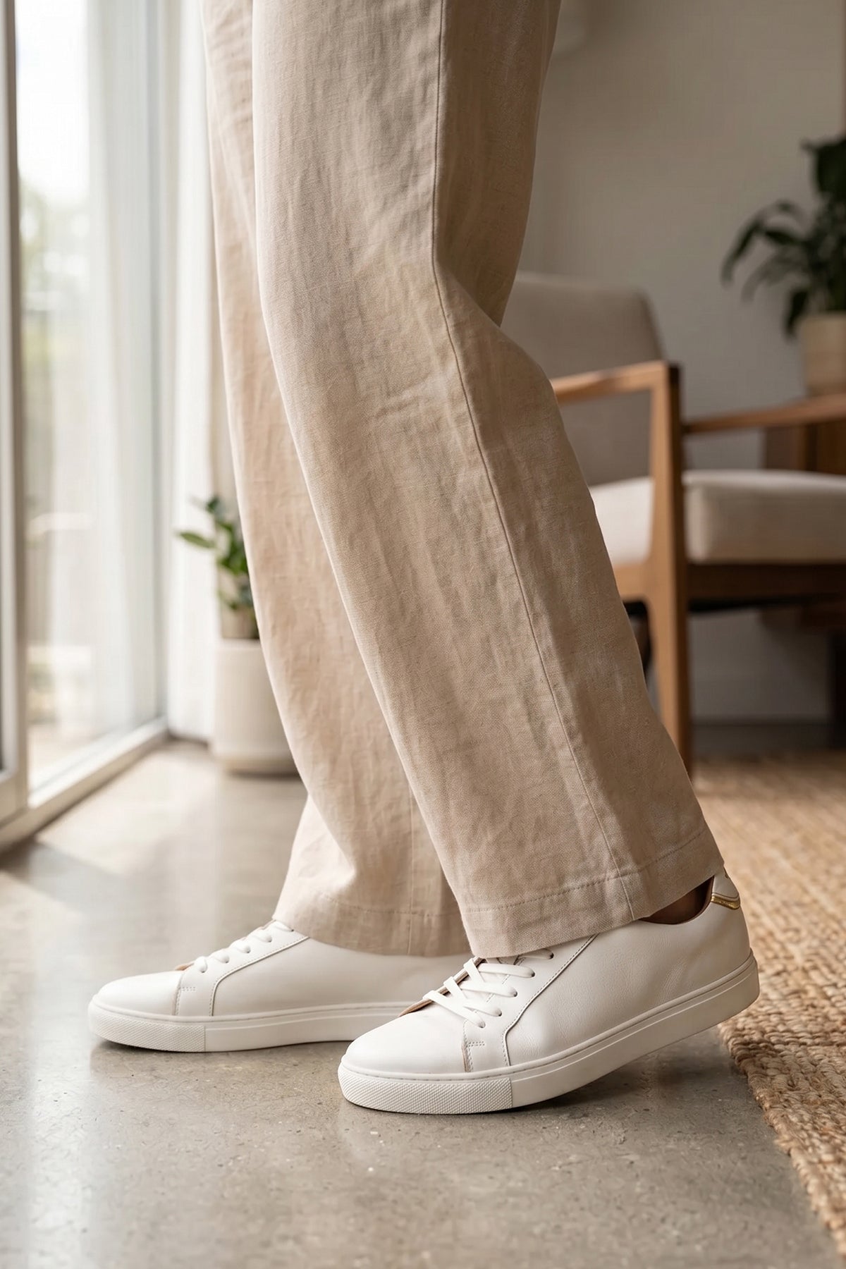 Model wearing Oswin Hyde Harper White Grain with white milled leather exuding sophistication and style