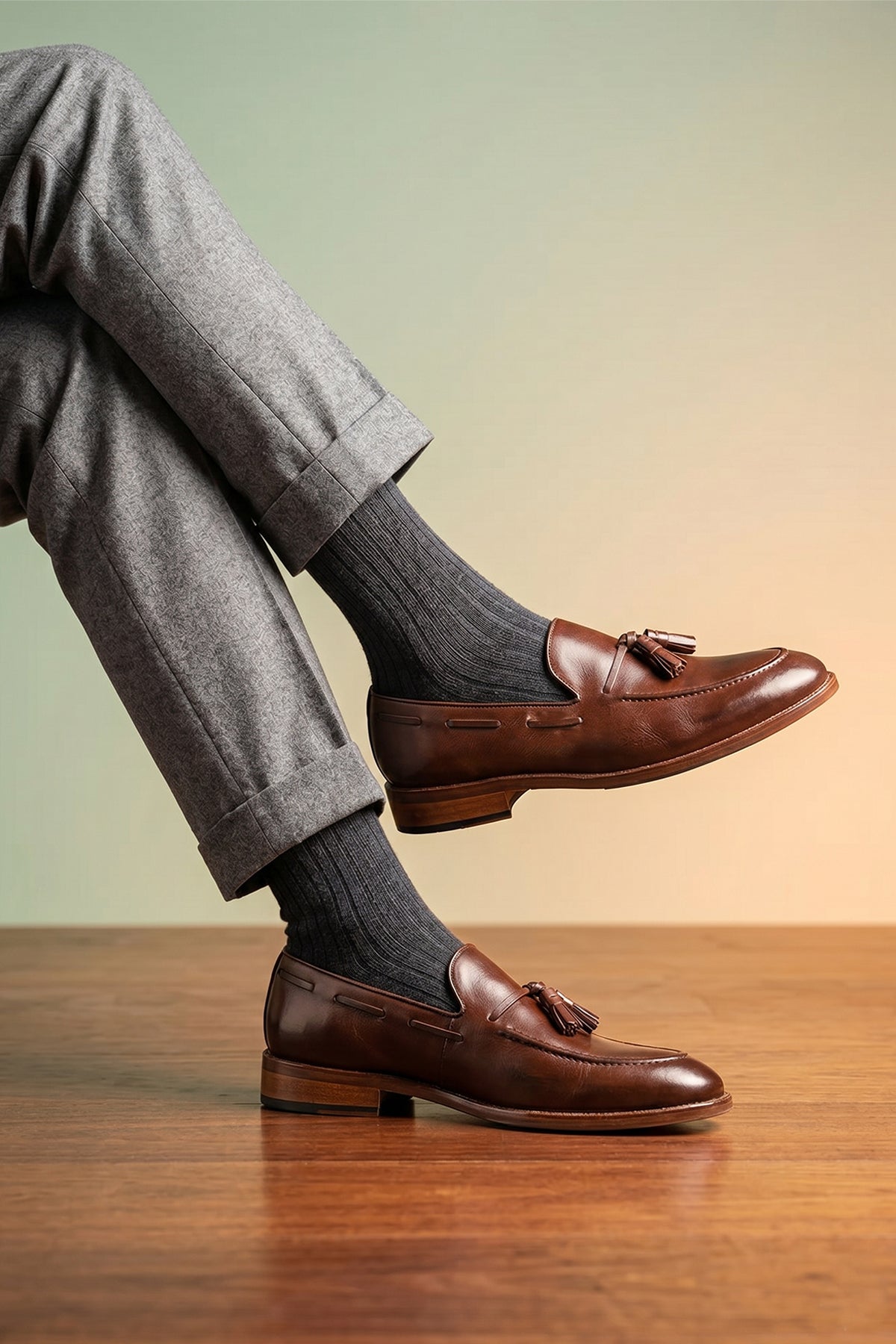 Man wearing Issac Brown leather tassel loafers for men with comfort sole, stylish and supportive, perfect for modern smart-casual looks.
