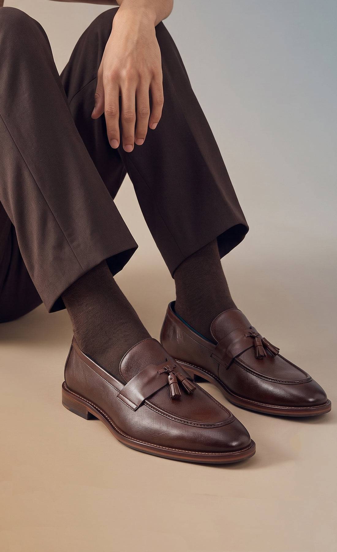 Man wearing Premium brown leather tassel loafers for men featuring a textured finish, burnished moc-toe details, decorative leather tassels, and a cushioned teal interior.