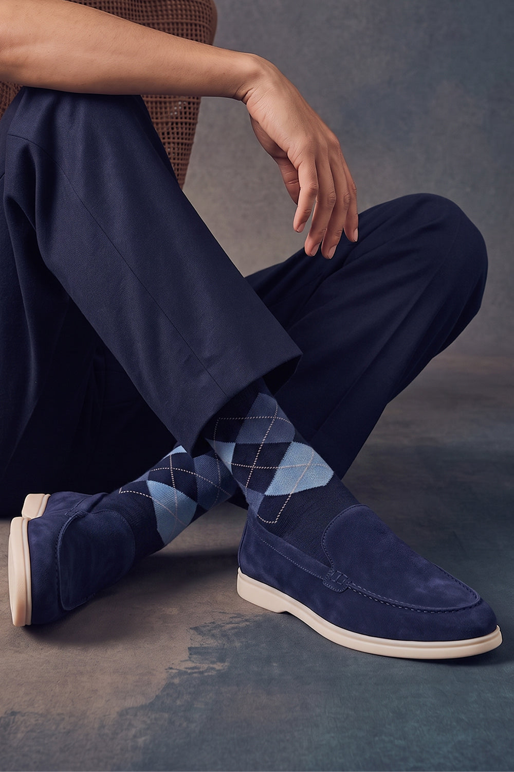 Model wearing Premium Scotch Argyle cotton socks designed by Oswin Hyde for the discerning gentleman.