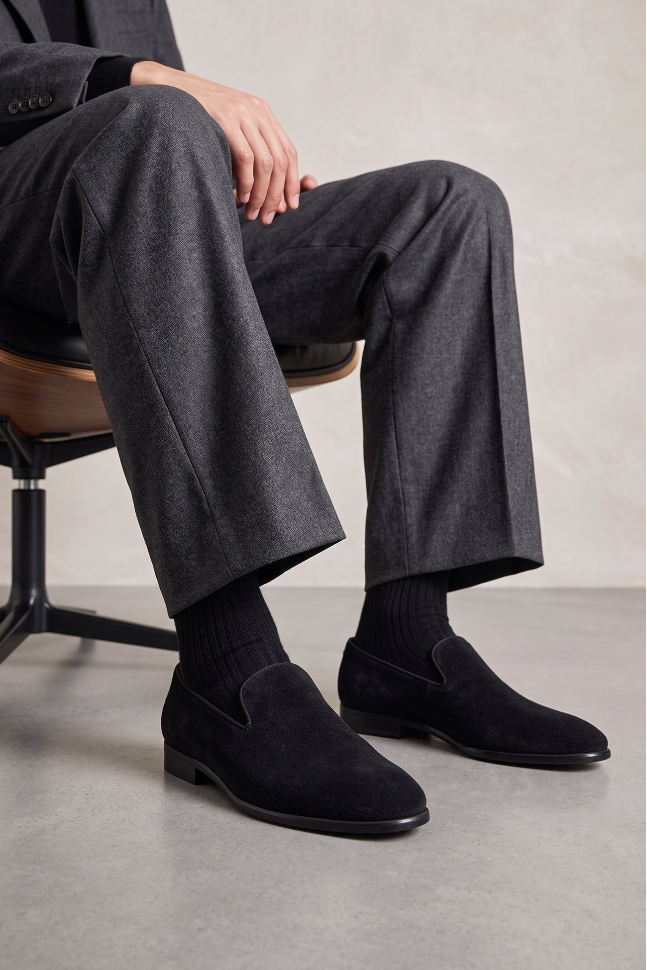 Man wearing Men's black velvet smoking loafers, the Fraser Black, slip-on dress shoes for black-tie and formal events.