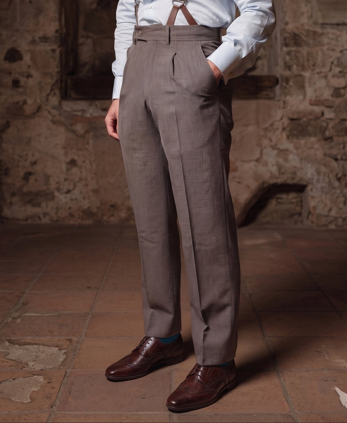 Model wearing Miller Brown derby brogue marries timeless appeal with modern sensibility, offering a sophisticated choice for those who appreciate quality footwear
