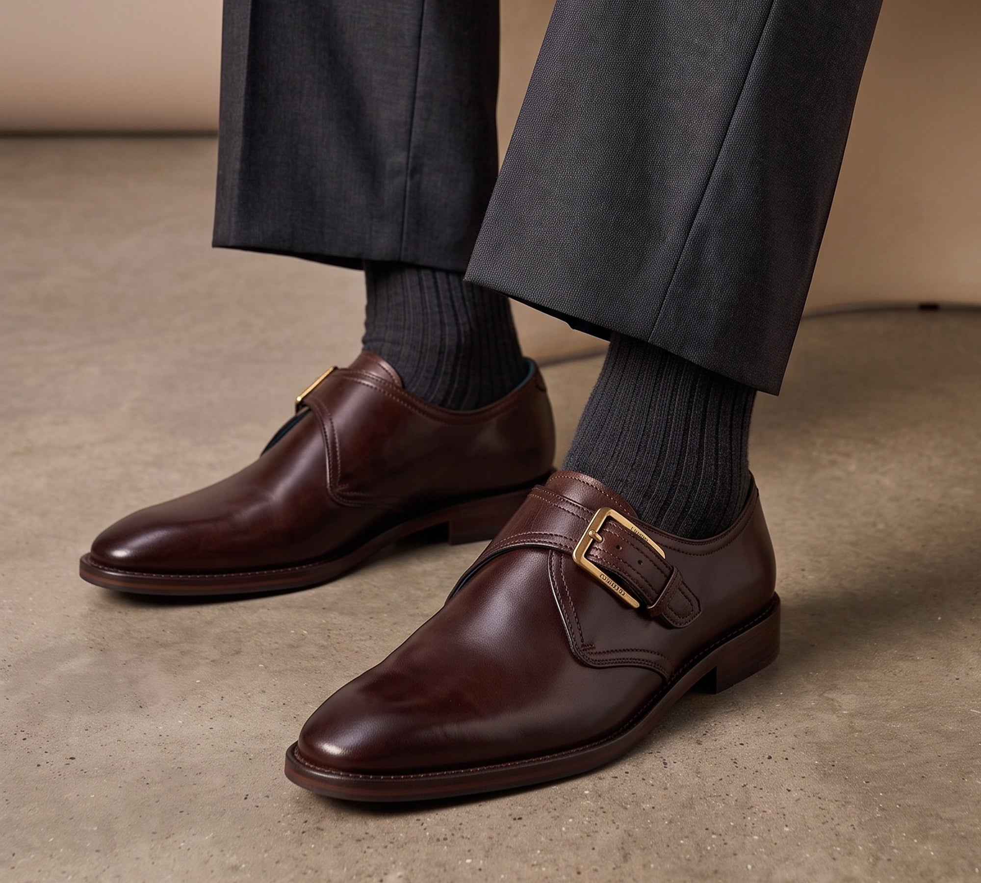 Men's dark brown leather single monk strap dress shoes with a gold buckle, styled with grey ribbed socks and charcoal trousers.