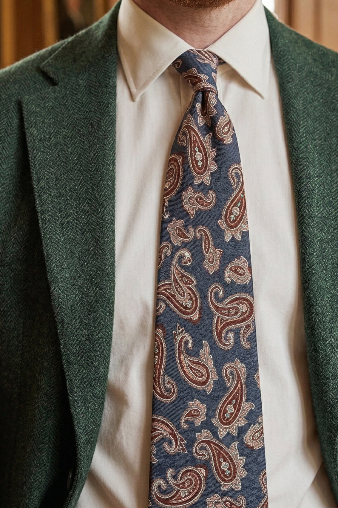 Navy Paisley Silk Tie with paisley design, offering luxury and elegance for special occasions.