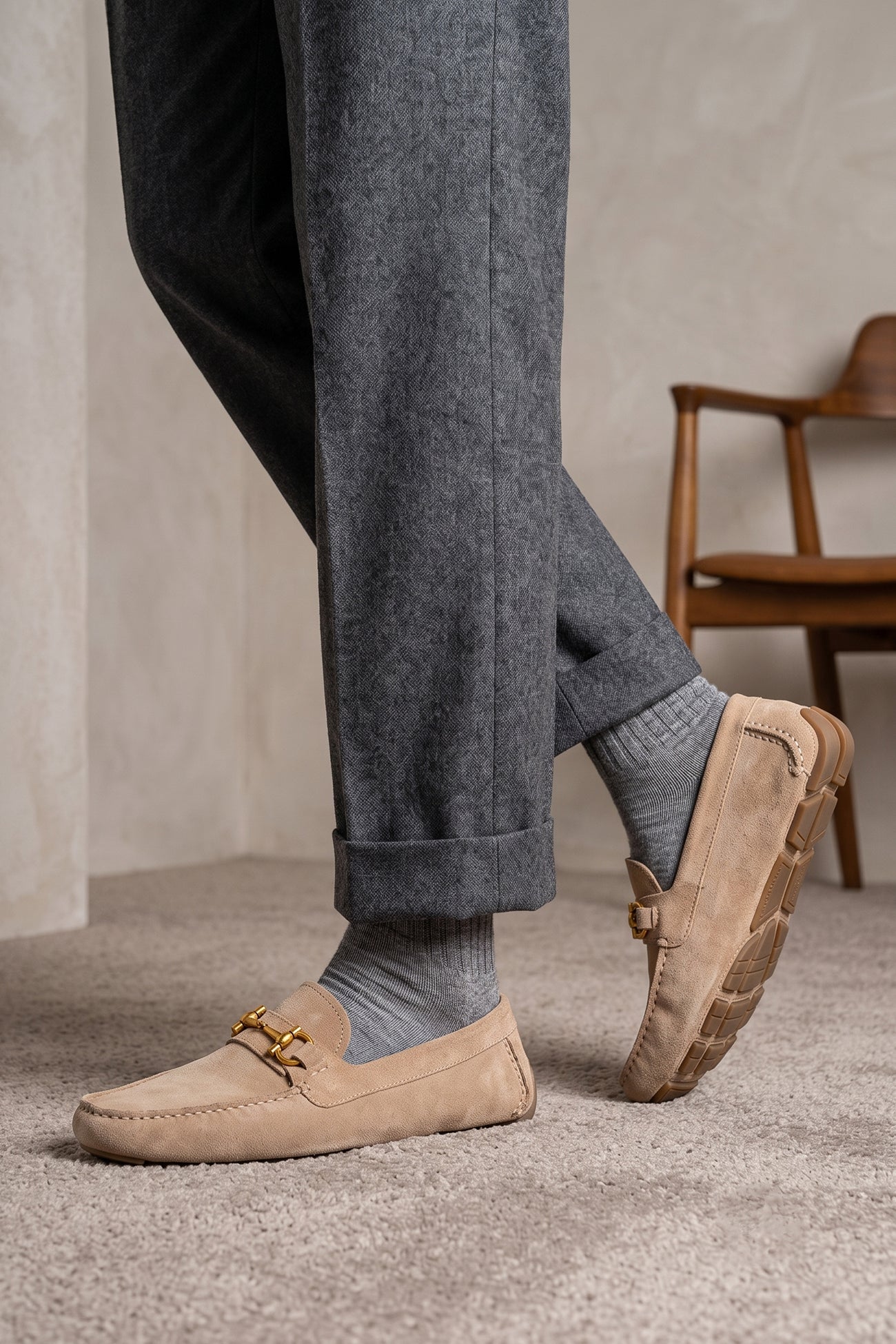 Oswin Hyde Nigel beige suede moccasin loafer with a small gold horsebit detail on the vamp