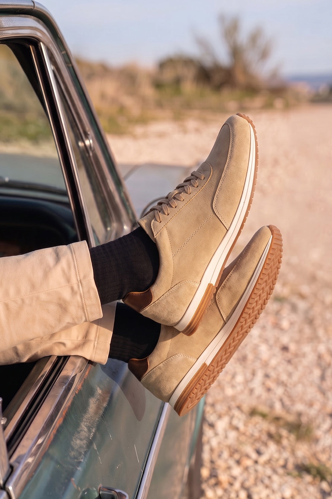 Spencer men’s sand suede sneakers with leather lining, tonal laces, and a cushioned sole for all-day comfort and effortless smart-casual style.